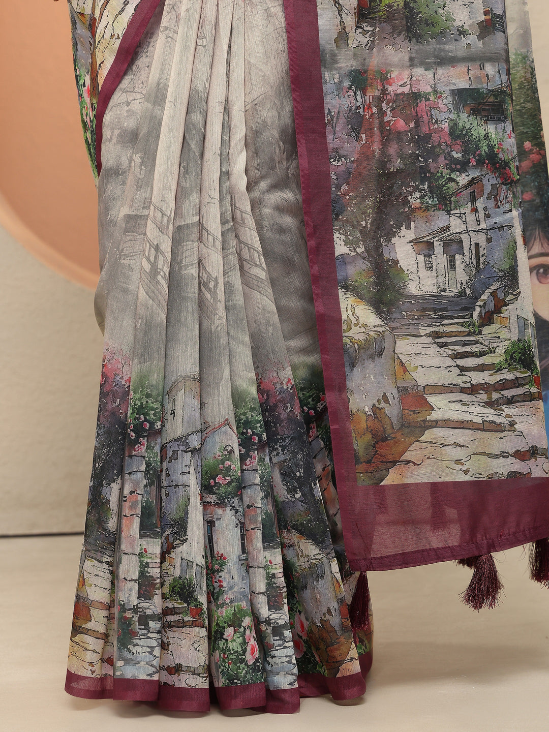  Grey Tribal Printed Sarees With Unstitched Blouse Piece 