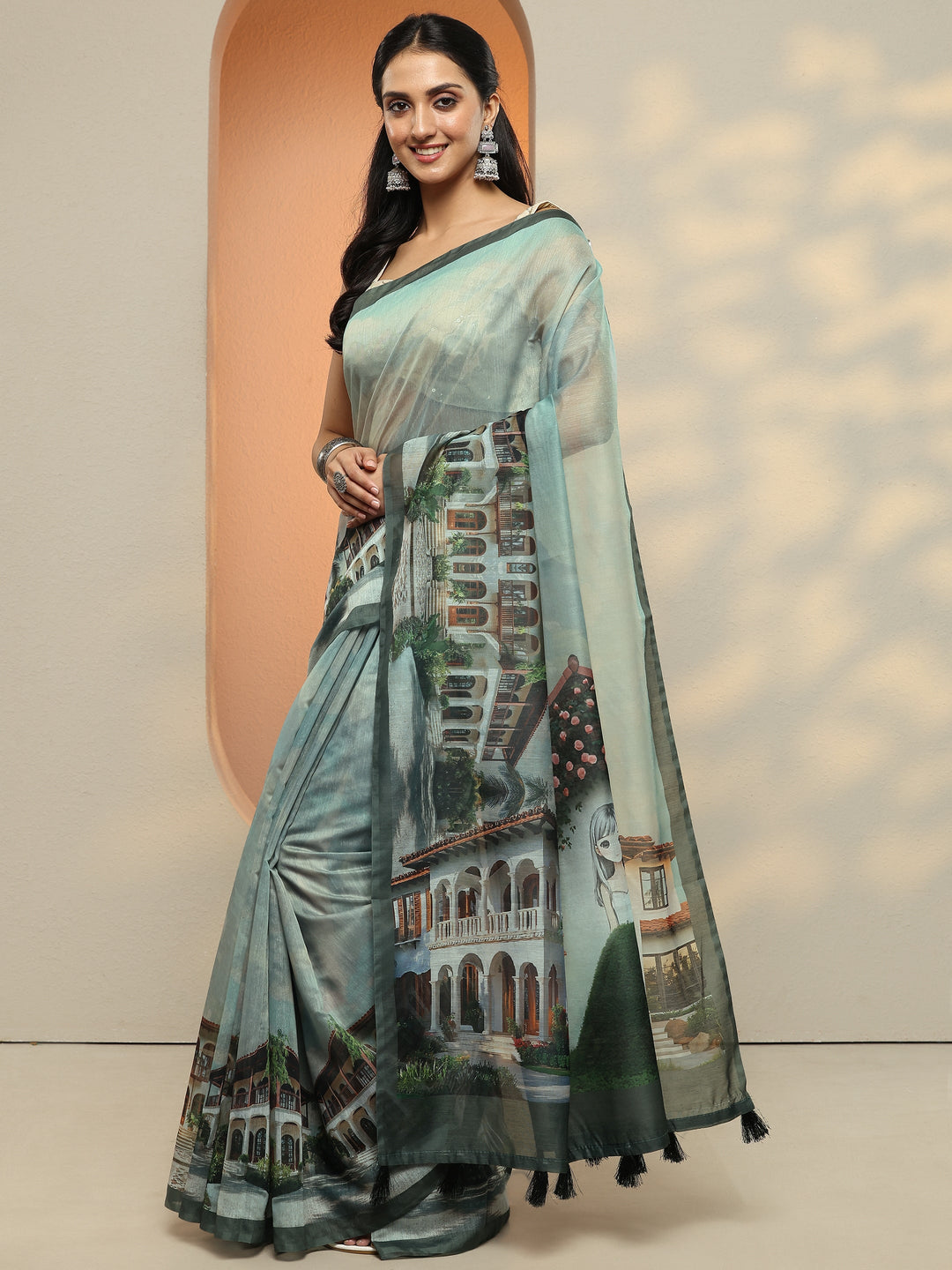  Blue Tribal Printed Silk Blend Saree With Unstitched Blouse Piece 