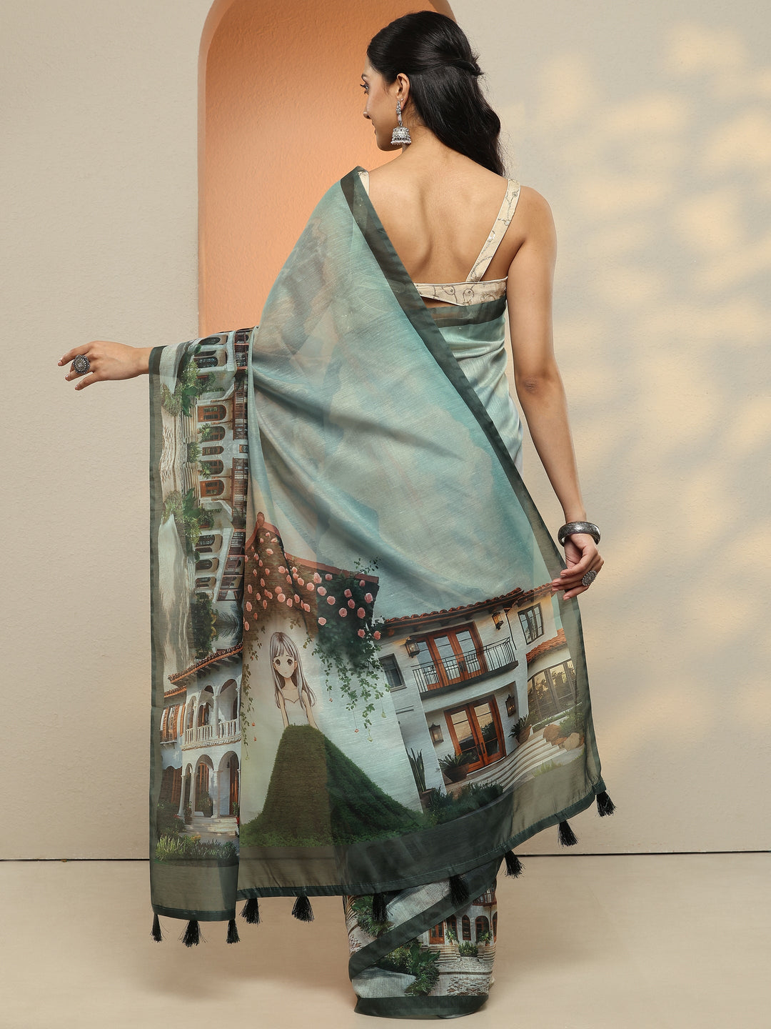  Blue Tribal Printed Silk Blend Saree With Unstitched Blouse Piece 