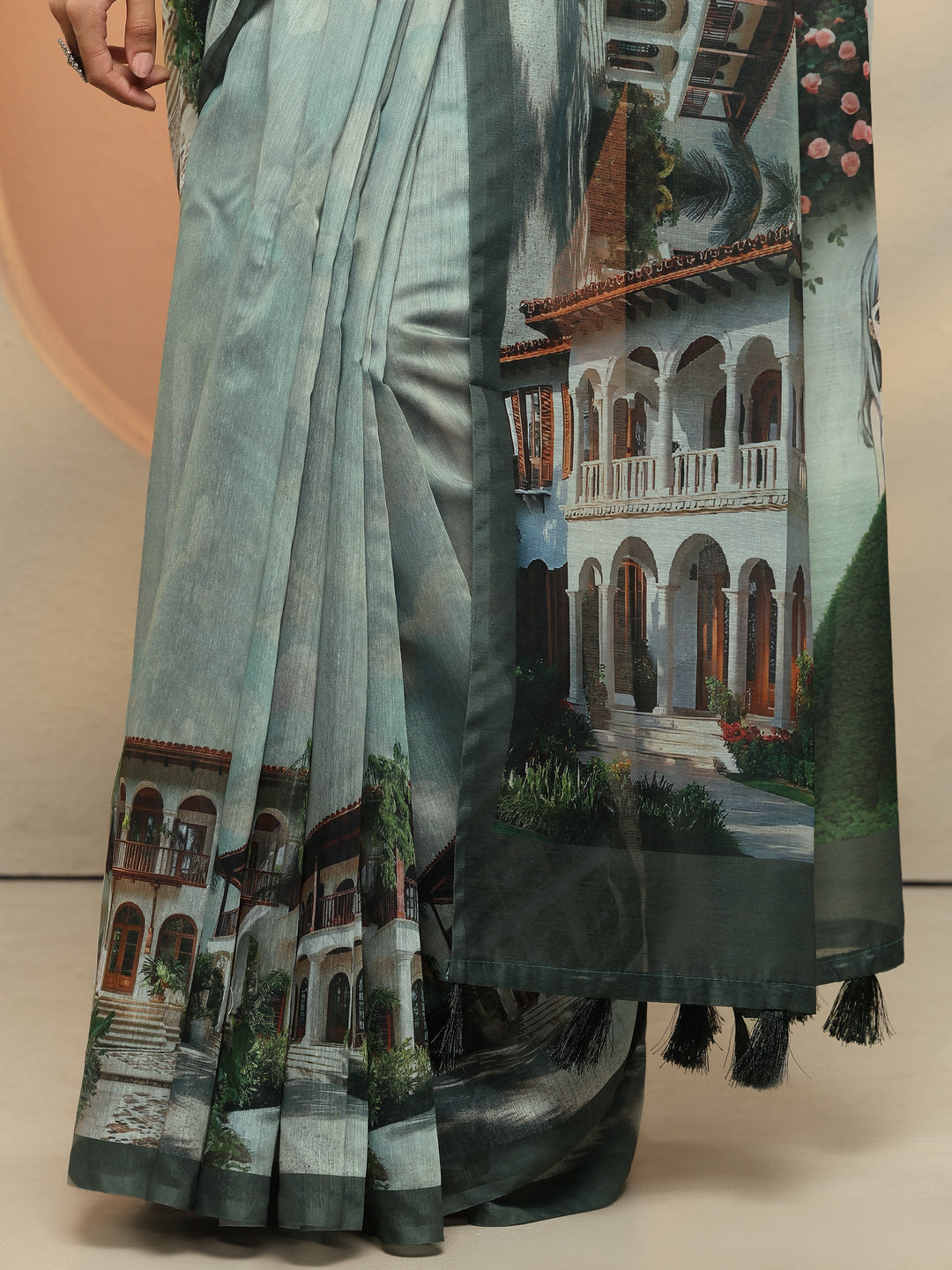  Blue Tribal Printed Silk Blend Saree With Unstitched Blouse Piece 