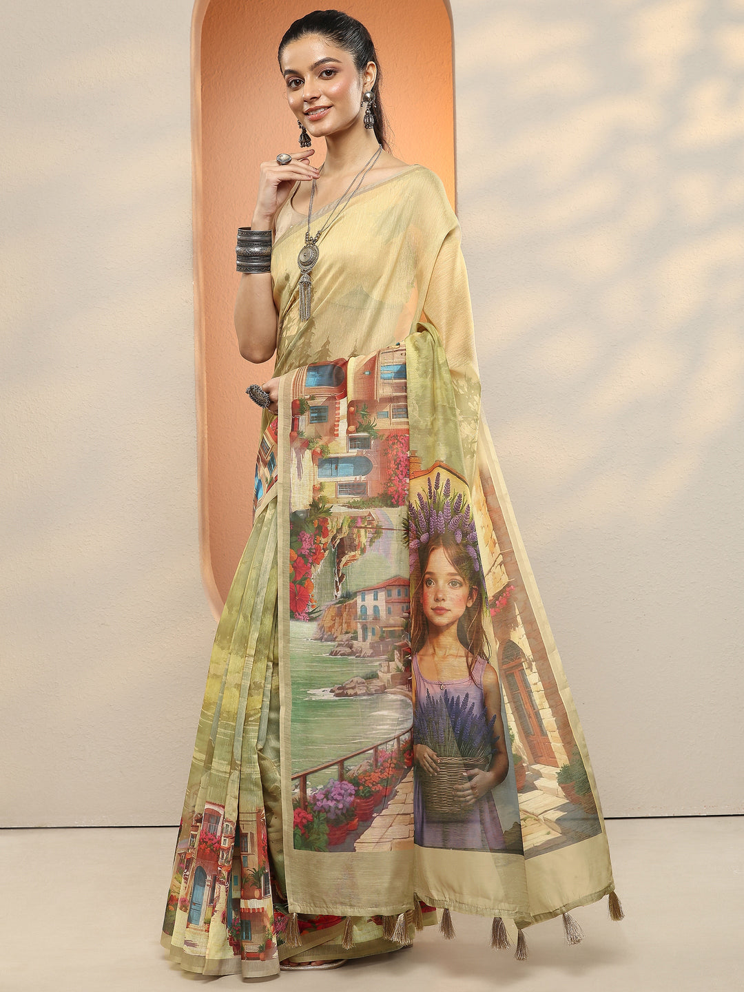  Yellow Tribal Printed Sarees With Unstitched Blouse Piece 