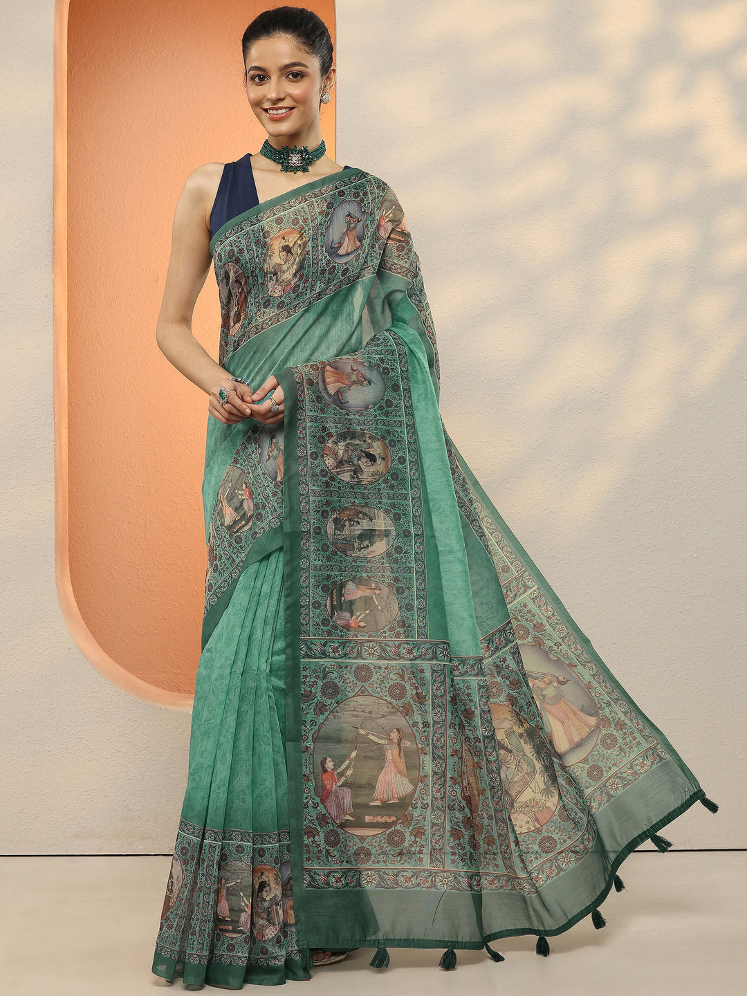  Blue Printed Silk Blend Sarees With Unstitched Blouse Piece 