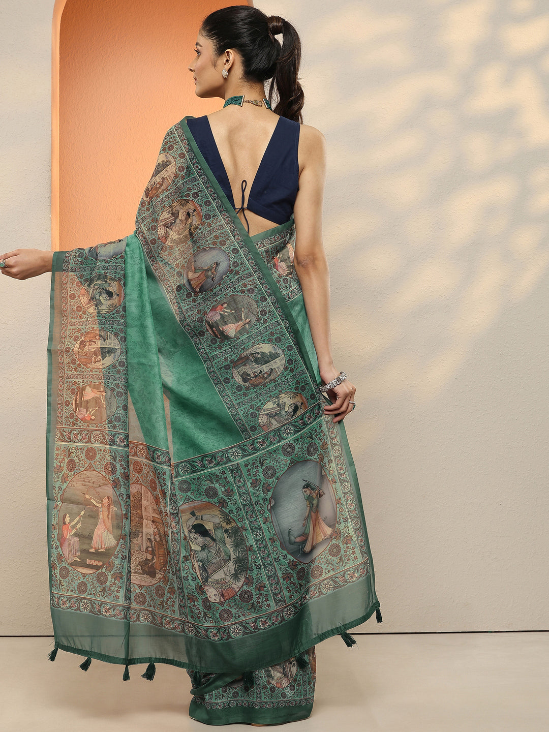  Blue Printed Silk Blend Sarees With Unstitched Blouse Piece 