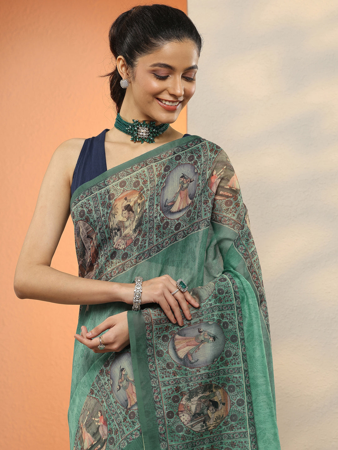  Blue Printed Silk Blend Sarees With Unstitched Blouse Piece 