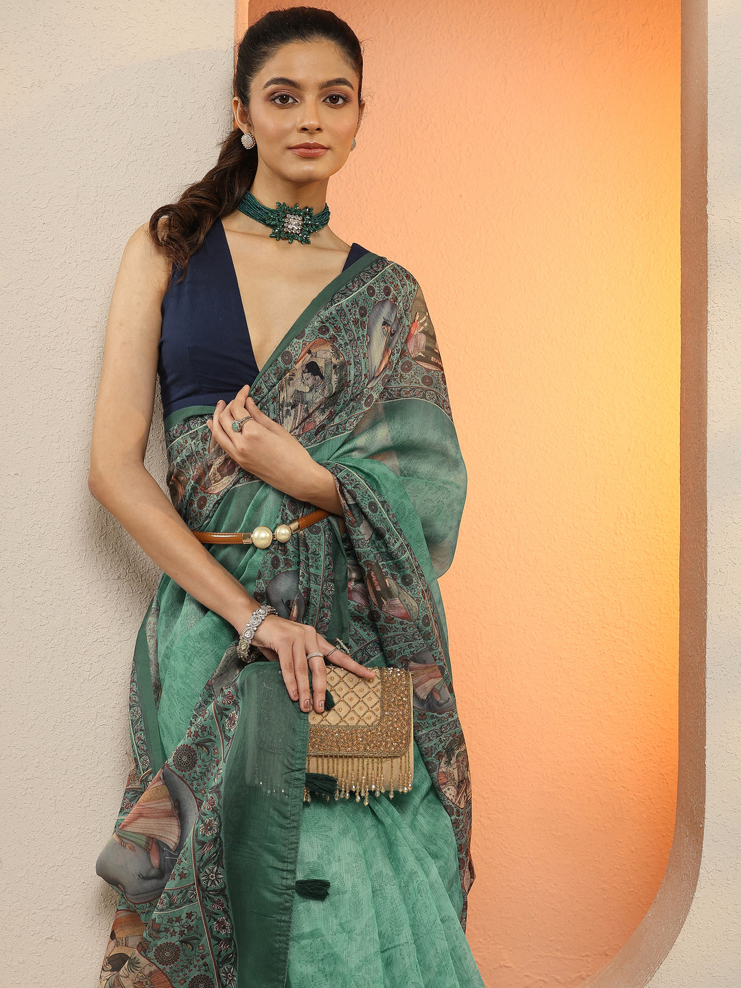 Blue Printed Silk Blend Sarees With Unstitched Blouse Piece