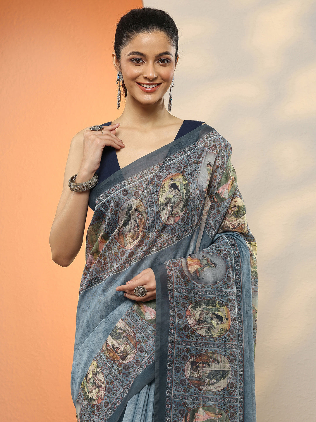  Blue Printed Silk Blend Sarees With Unstitched Blouse Piece 