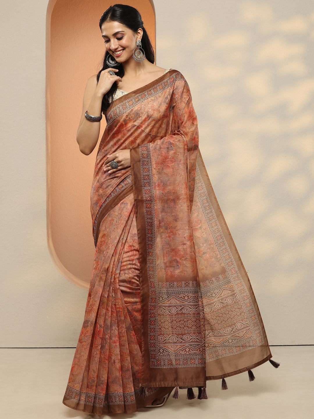  Orange Printed Silk Blend Saree With Unstitched Blouse Piece 