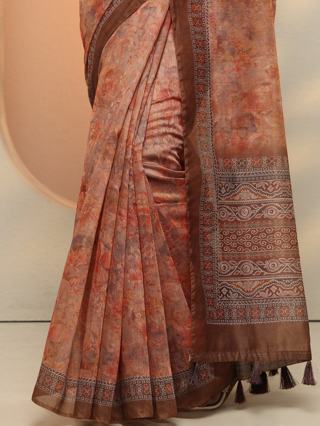  Orange Printed Silk Blend Saree With Unstitched Blouse Piece 
