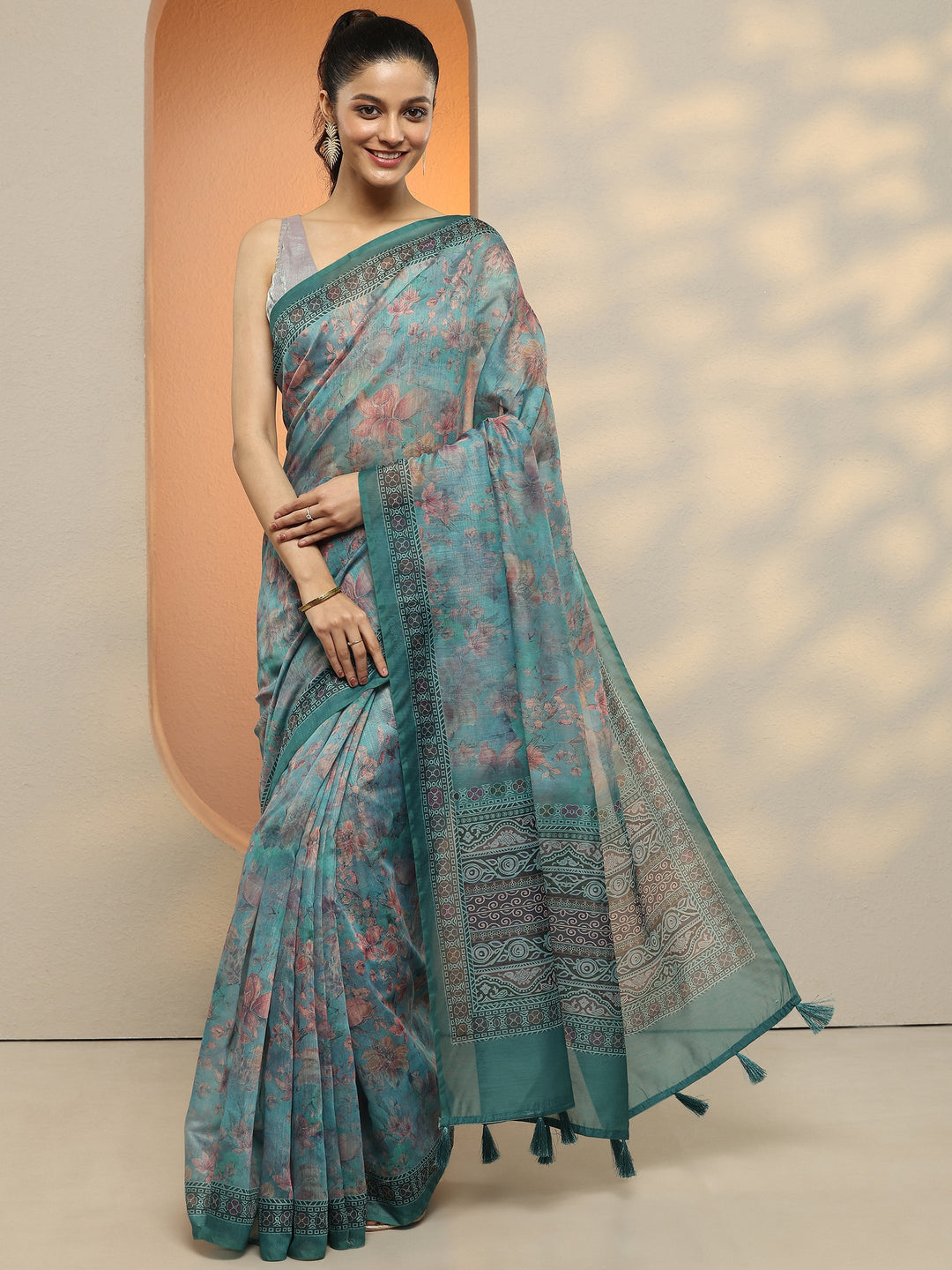  Blue Printed Silk Blend Saree With Unstitched Blouse Piece 