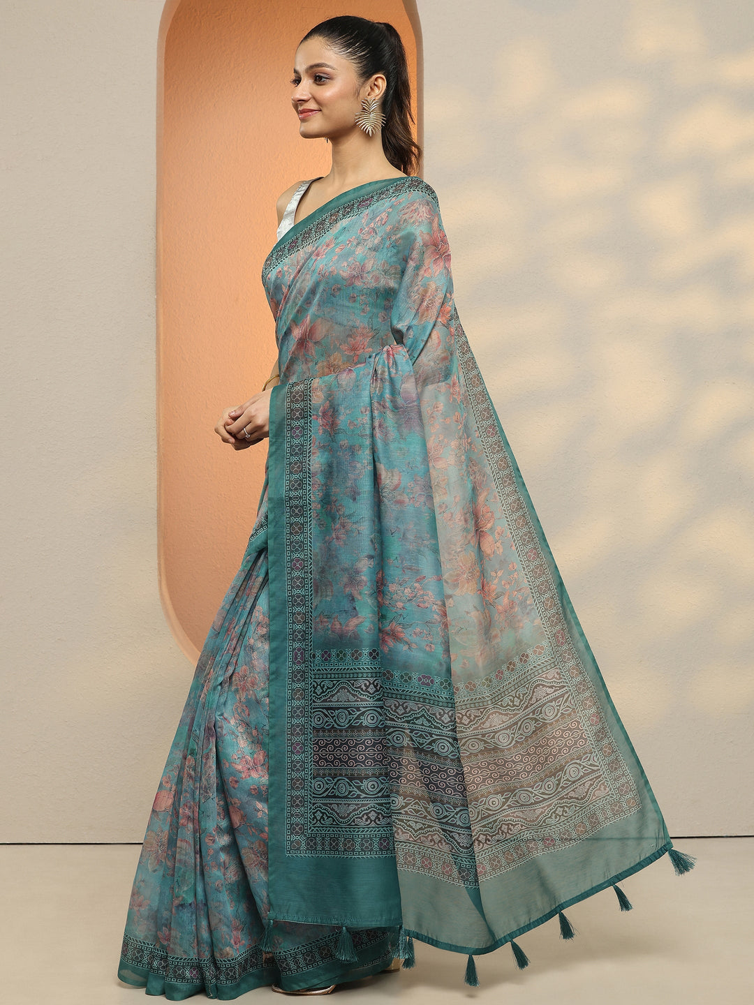  Blue Printed Silk Blend Saree With Unstitched Blouse Piece 