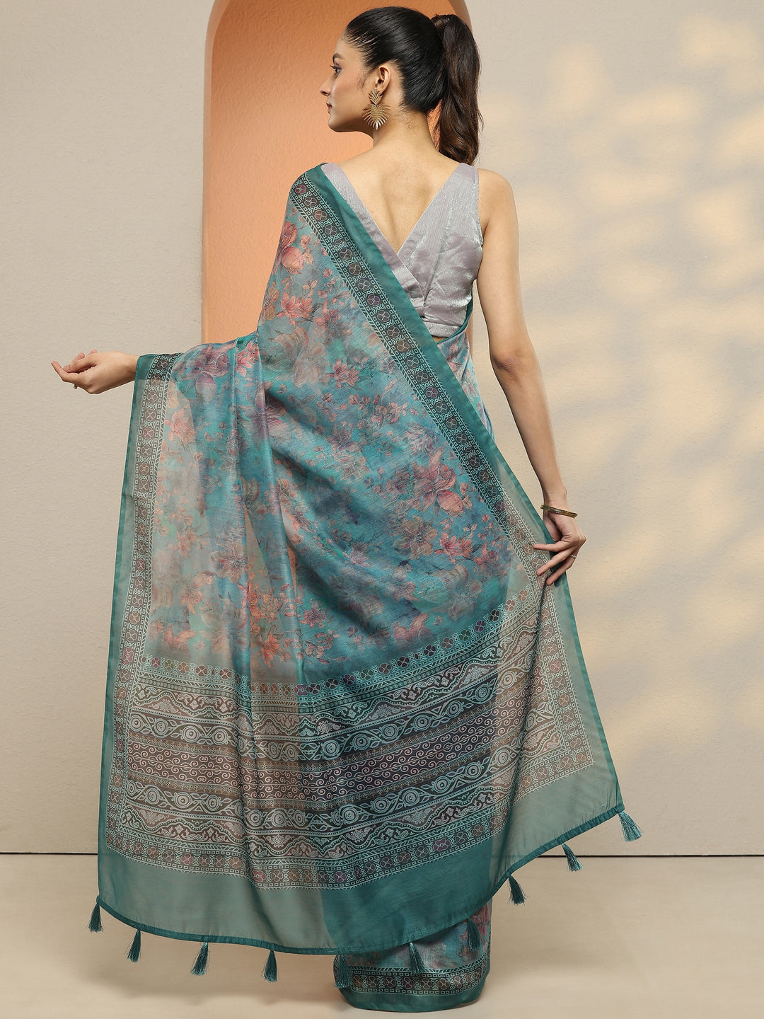  Blue Printed Silk Blend Saree With Unstitched Blouse Piece 