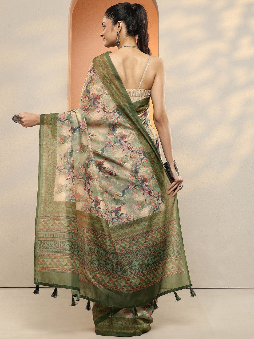  Green Printed Silk Blend Sarees With Unstitched Blouse Piece 