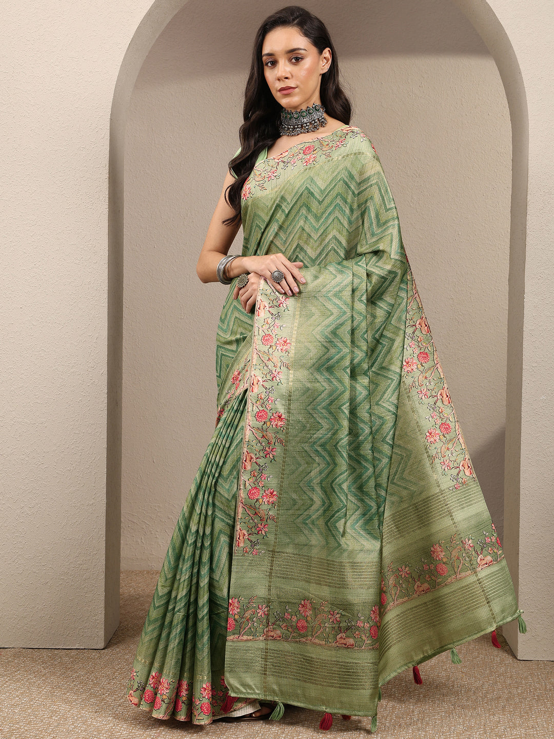  Green Leheriya Printed Silk Blend Saree With Unstitched Blouse Piece 