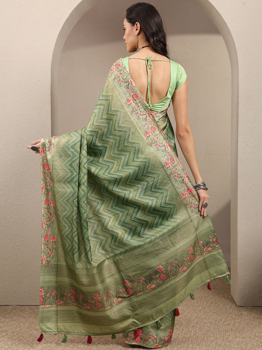 Green Leheriya Printed Silk Blend Saree With Unstitched Blouse Piece 