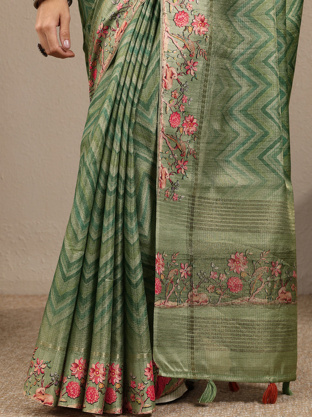  Green Leheriya Printed Silk Blend Saree With Unstitched Blouse Piece 