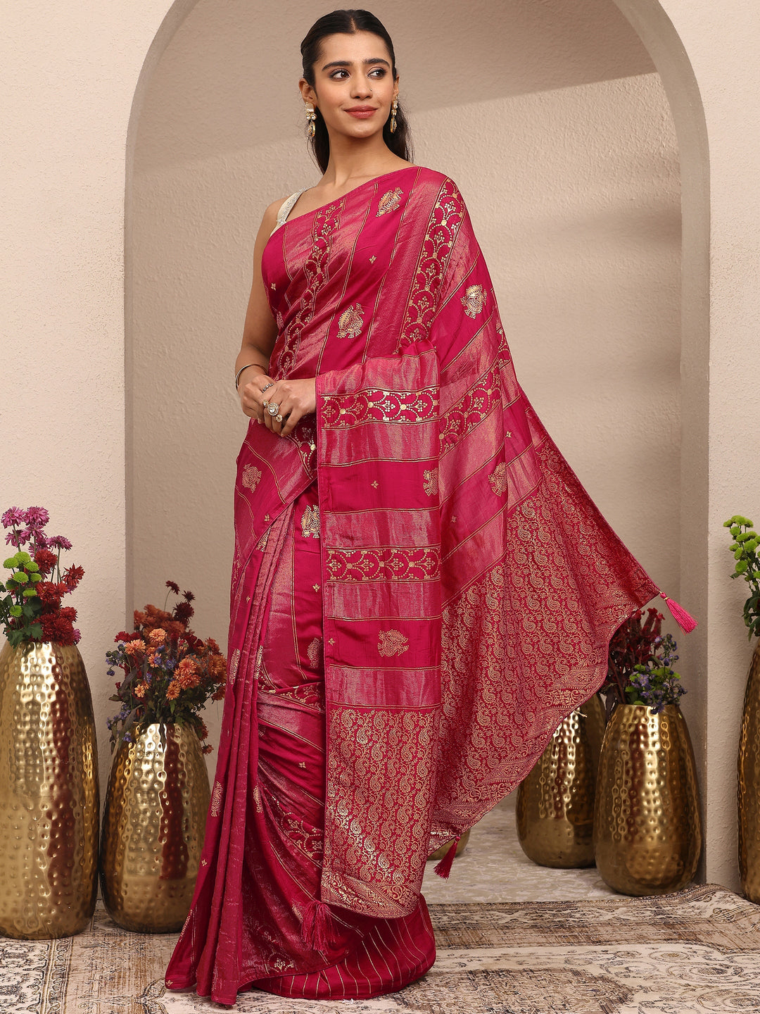  Pink Woven Design Banarsi Silk Blend Saree With Unstitched Blouse Piece 