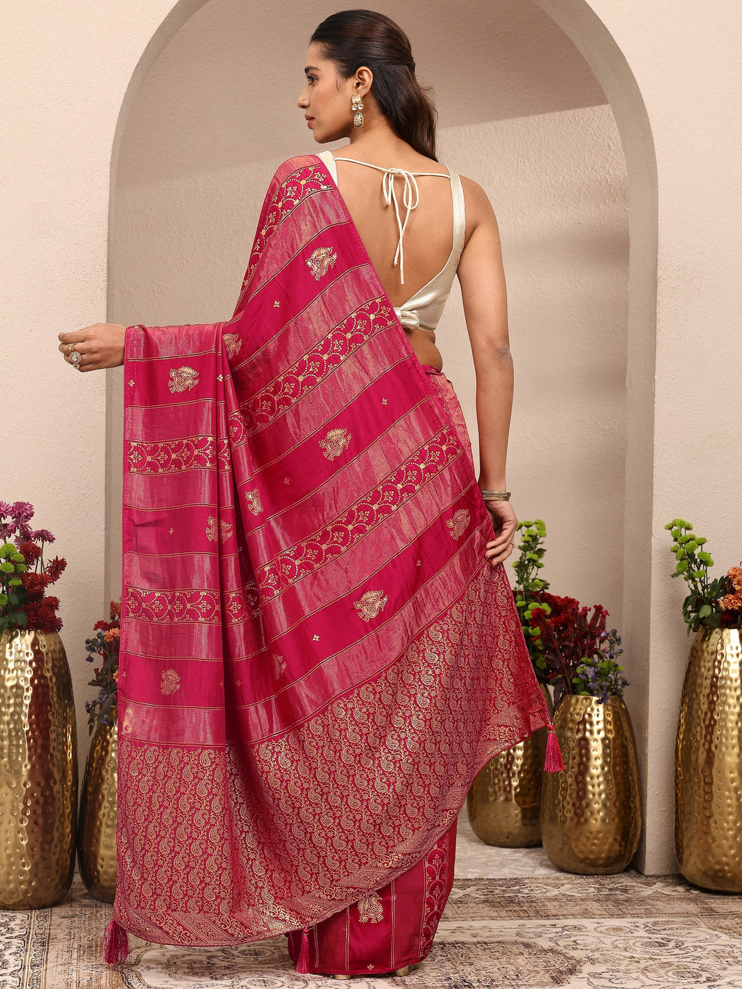 Pink Woven Design Banarsi Silk Blend Saree With Unstitched Blouse Piece 