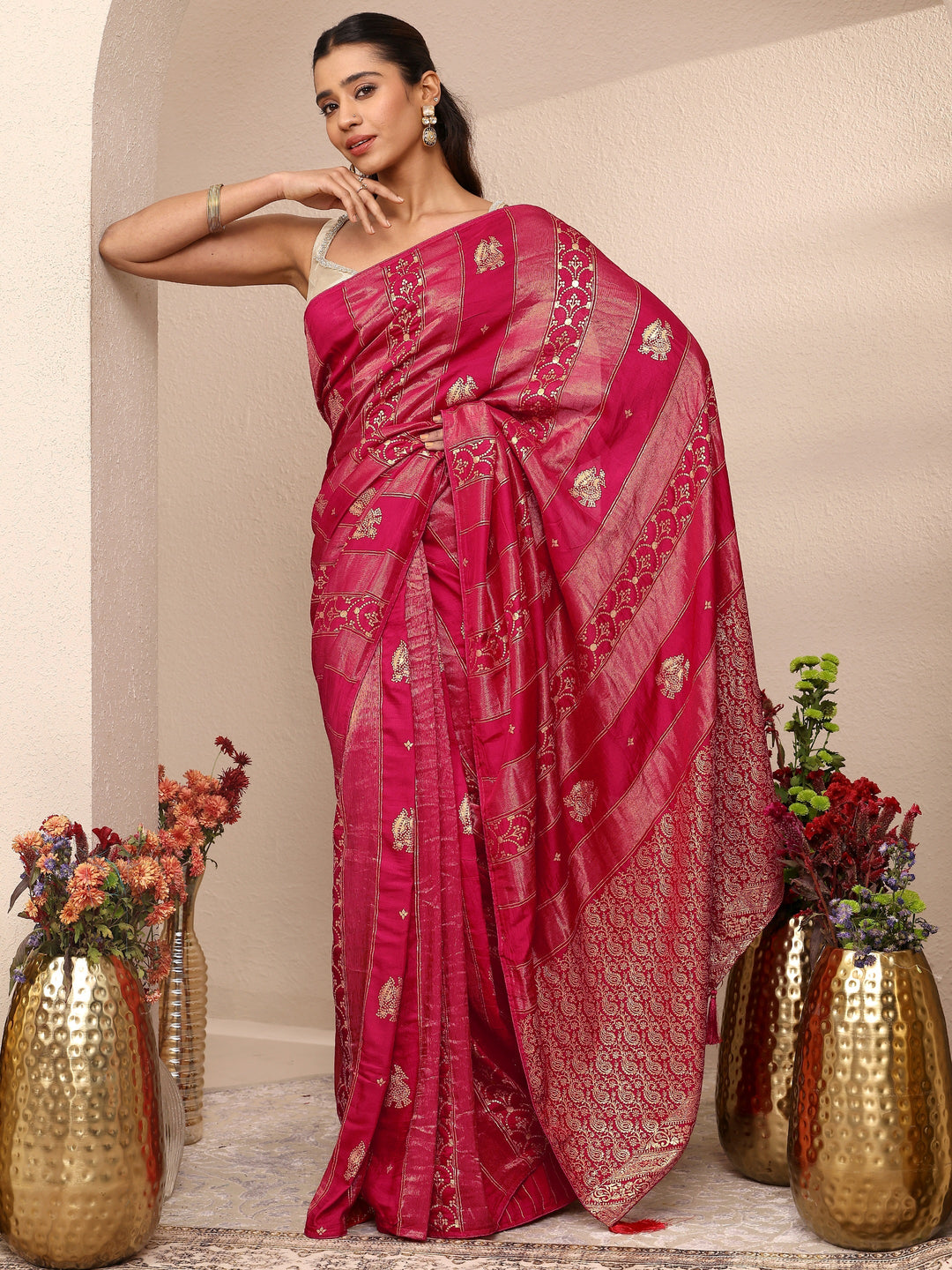  Pink Woven Design Banarsi Silk Blend Saree With Unstitched Blouse Piece 