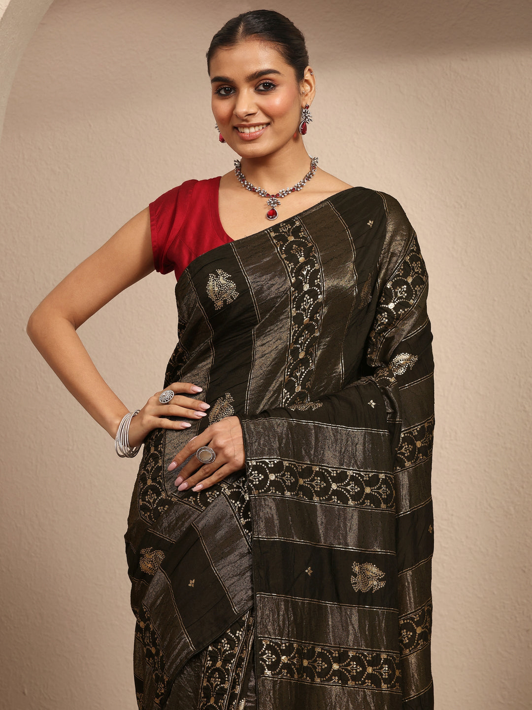  Black Woven Design Silk Blend Banarasi Saree With Unstitched Blouse Piece 