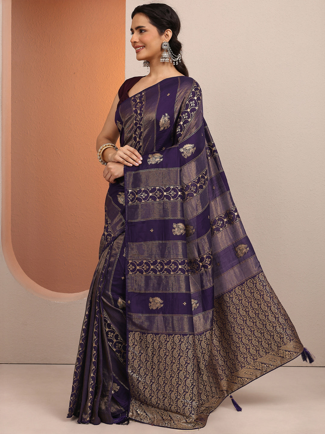  Purple Woven Design Banarsi Silk Blend Saree With Unstitched Blouse Piece 
