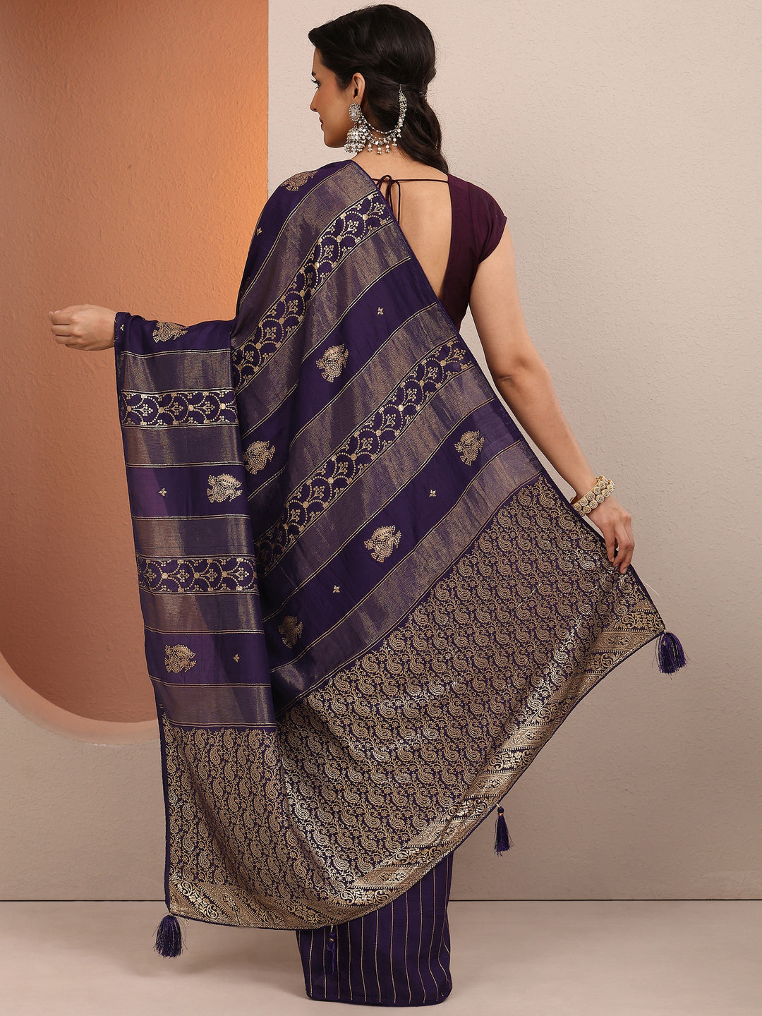  Purple Woven Design Banarsi Silk Blend Saree With Unstitched Blouse Piece 