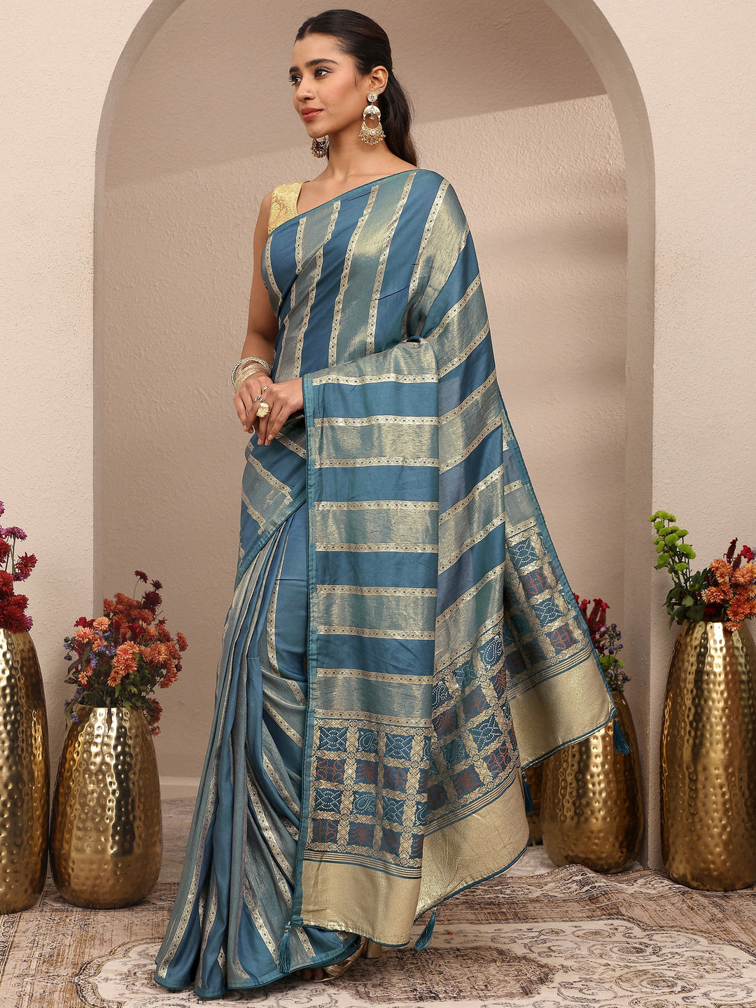  Blue Striped Woven Design Silk Blend Saree With Unstitched Blouse Piece 