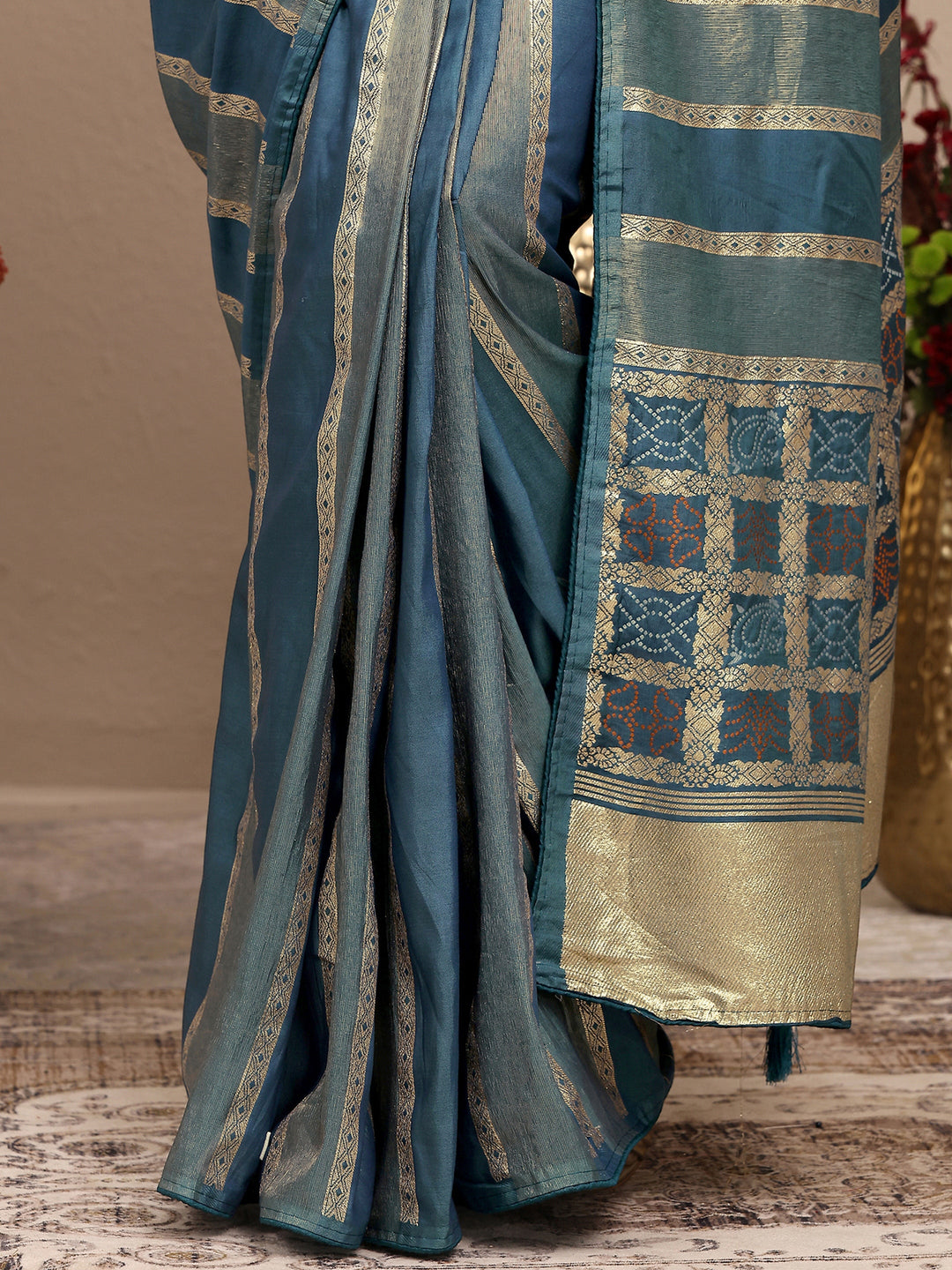  Blue Striped Woven Design Silk Blend Saree With Unstitched Blouse Piece 