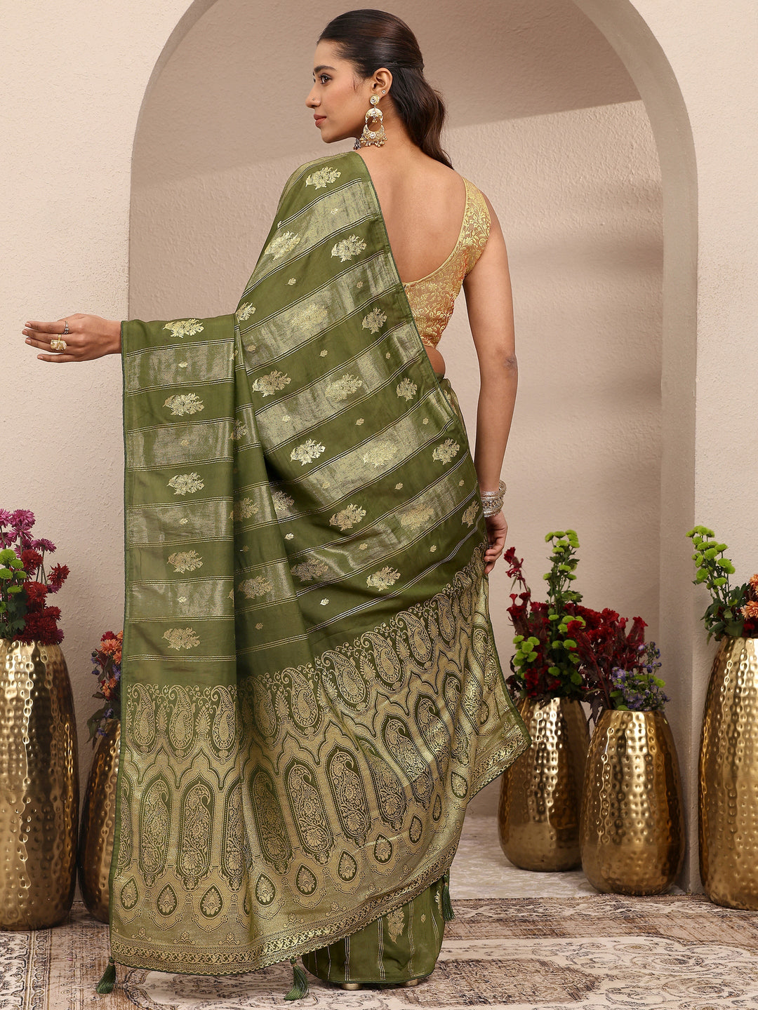  Green Woven Design Banarsi Silk Blend Saree With Unstitched Blouse Piece 