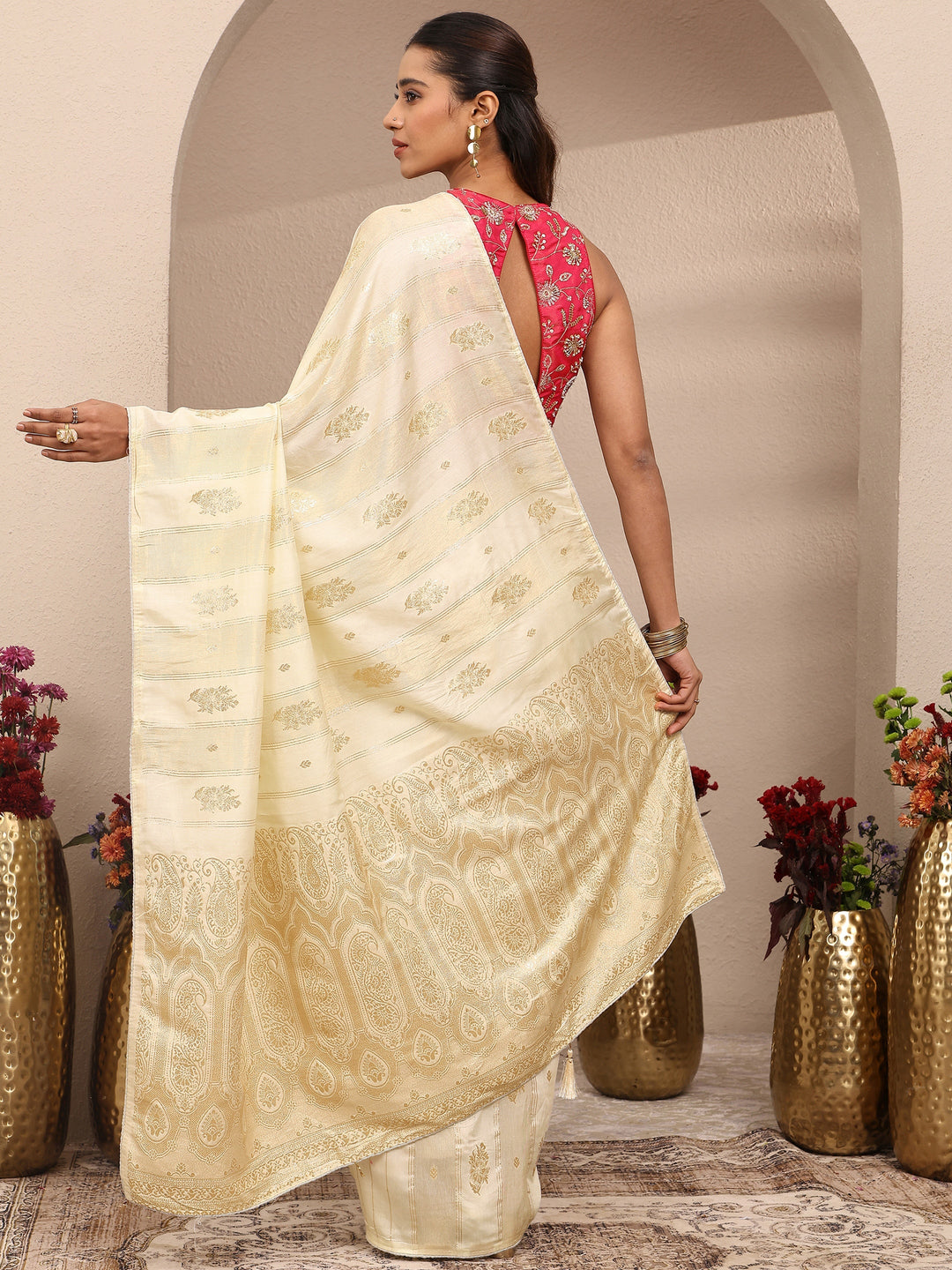  Cream Woven Design Banarsi Silk Blend Saree With Unstitched Blouse Piece 