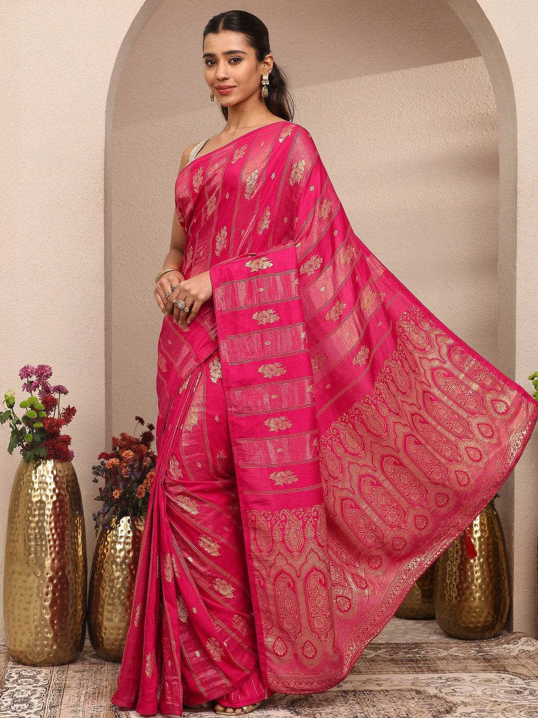  Pink Woven Design Banarsi Silk Blend Saree With Unstitched Blouse Piece 