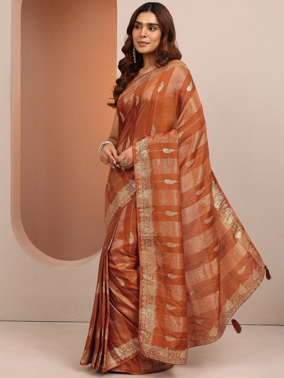  Rust Woven Design Banarsi Silk Blend Saree With Unstitched Blouse Piece 