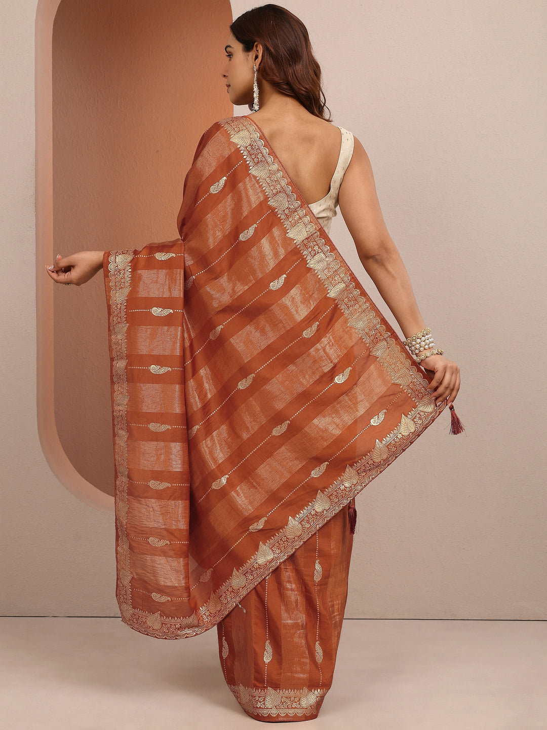  Rust Woven Design Banarsi Silk Blend Saree With Unstitched Blouse Piece 