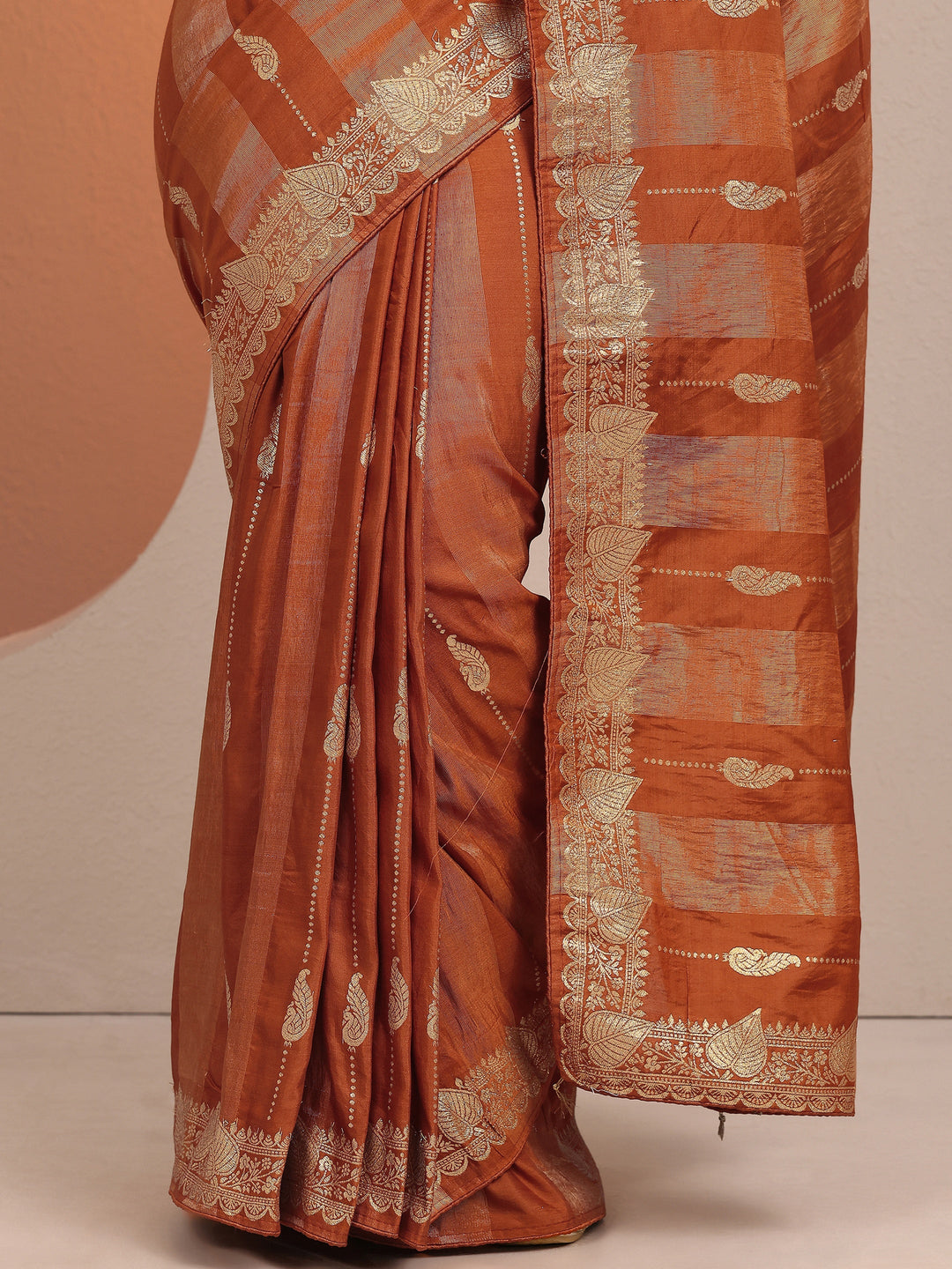  Rust Woven Design Banarsi Silk Blend Saree With Unstitched Blouse Piece 
