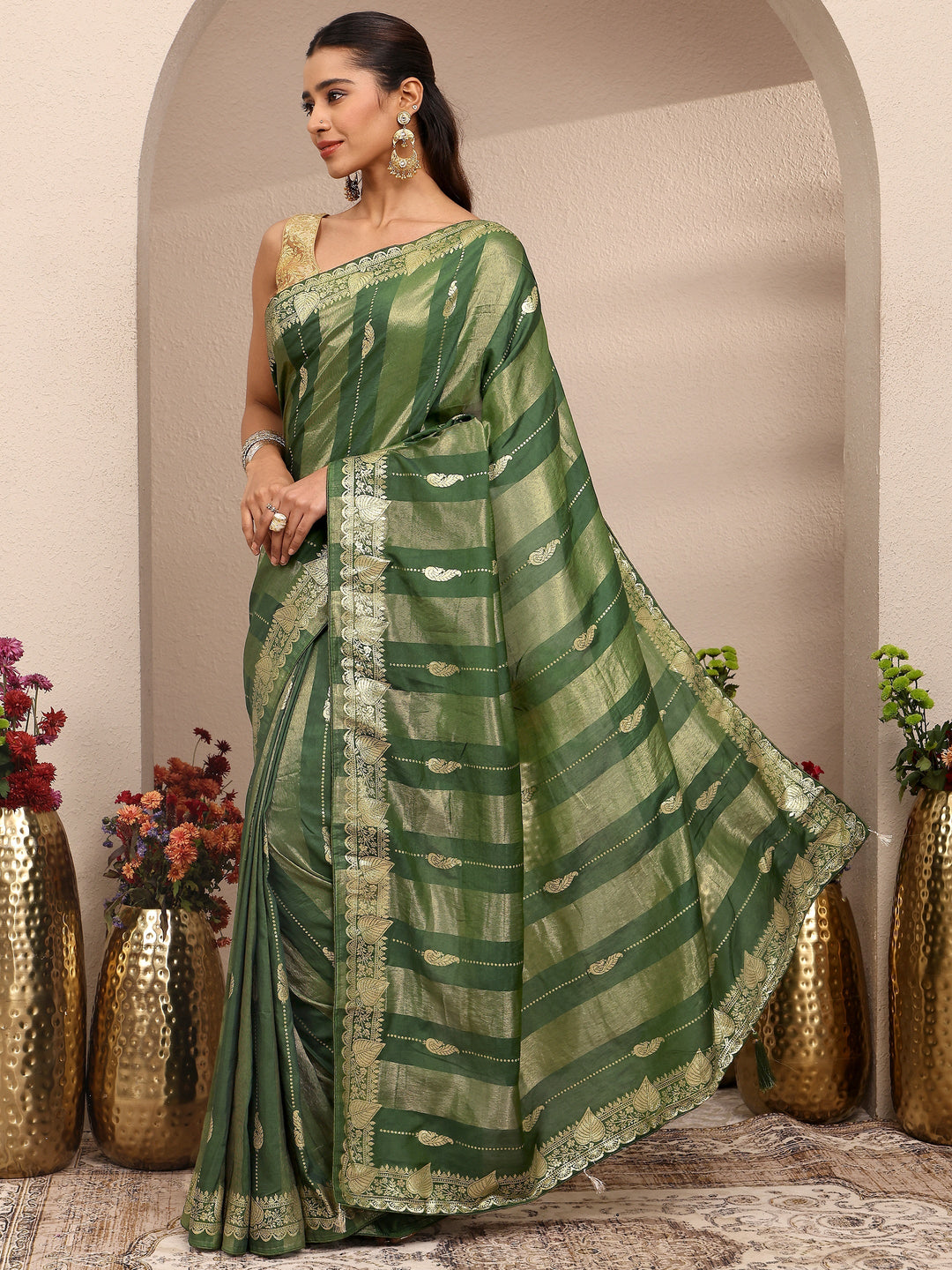  Green Woven Design Banarsi Silk Blend Saree With Unstitched Blouse Piece 