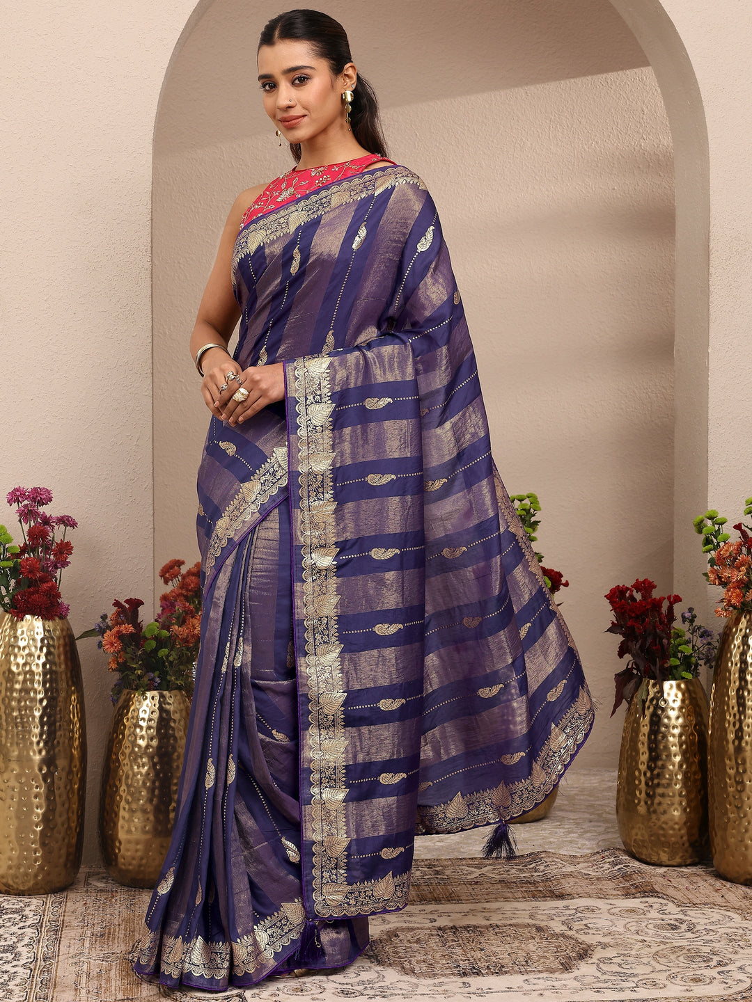  Purple Woven Design Banarsi Silk Blend Saree With Unstitched Blouse Piece 
