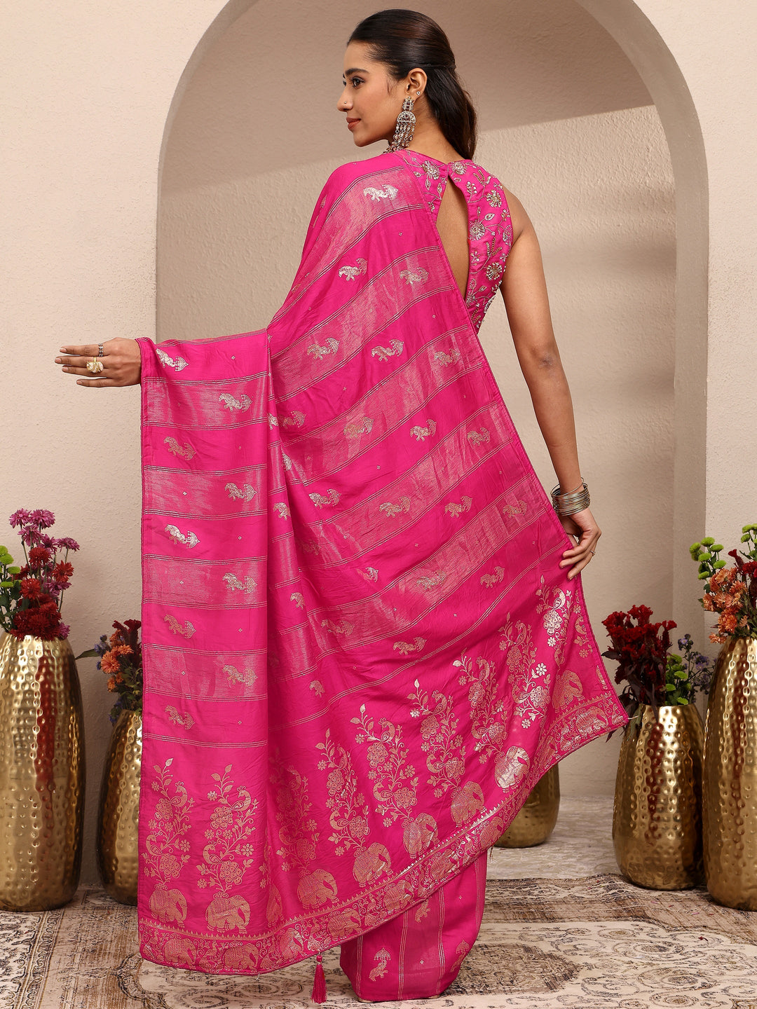  Pink Tribal Woven Design Silk Blend Saree With Unstitched Blouse Piece 