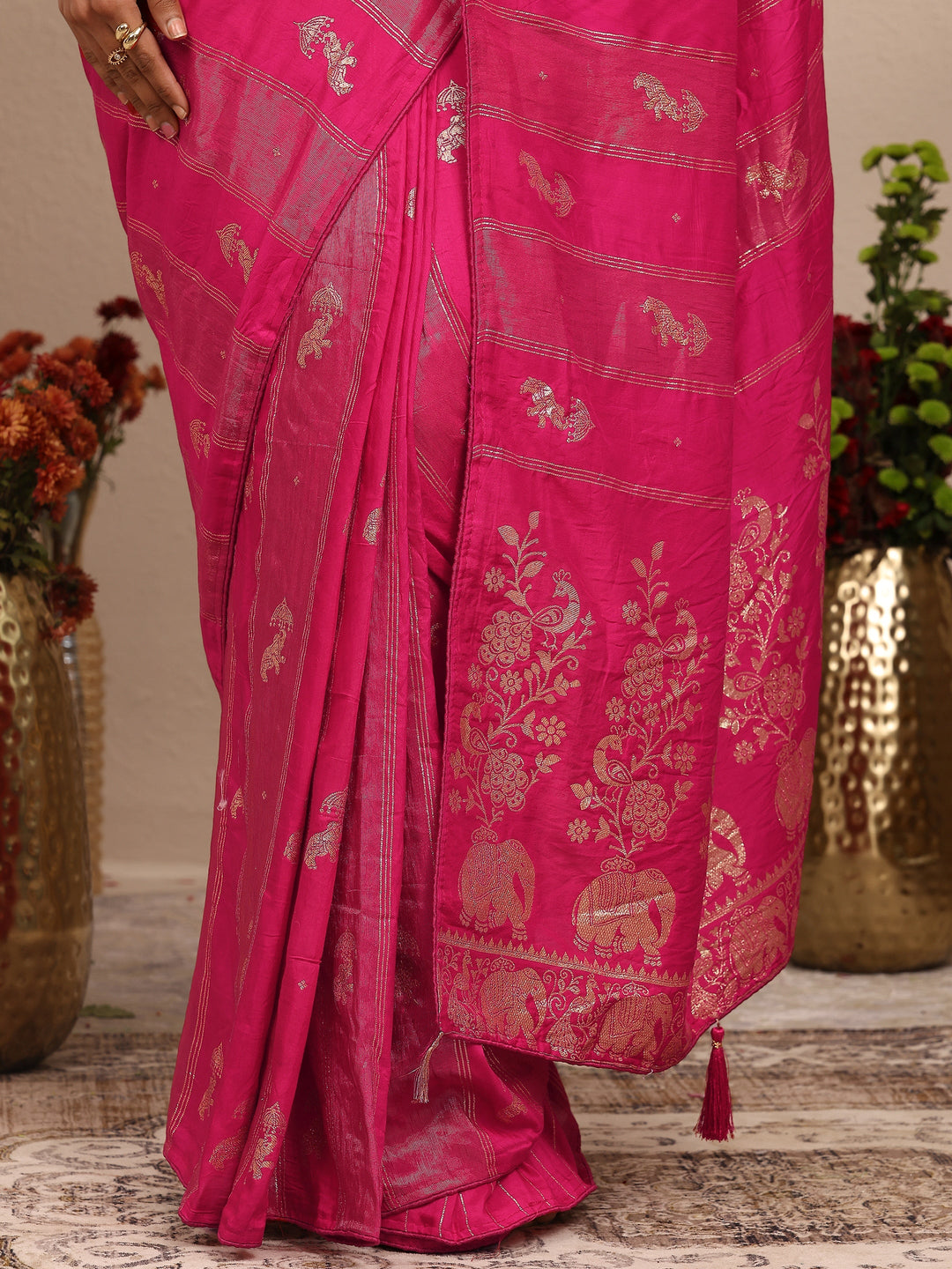  Pink Tribal Woven Design Silk Blend Saree With Unstitched Blouse Piece 