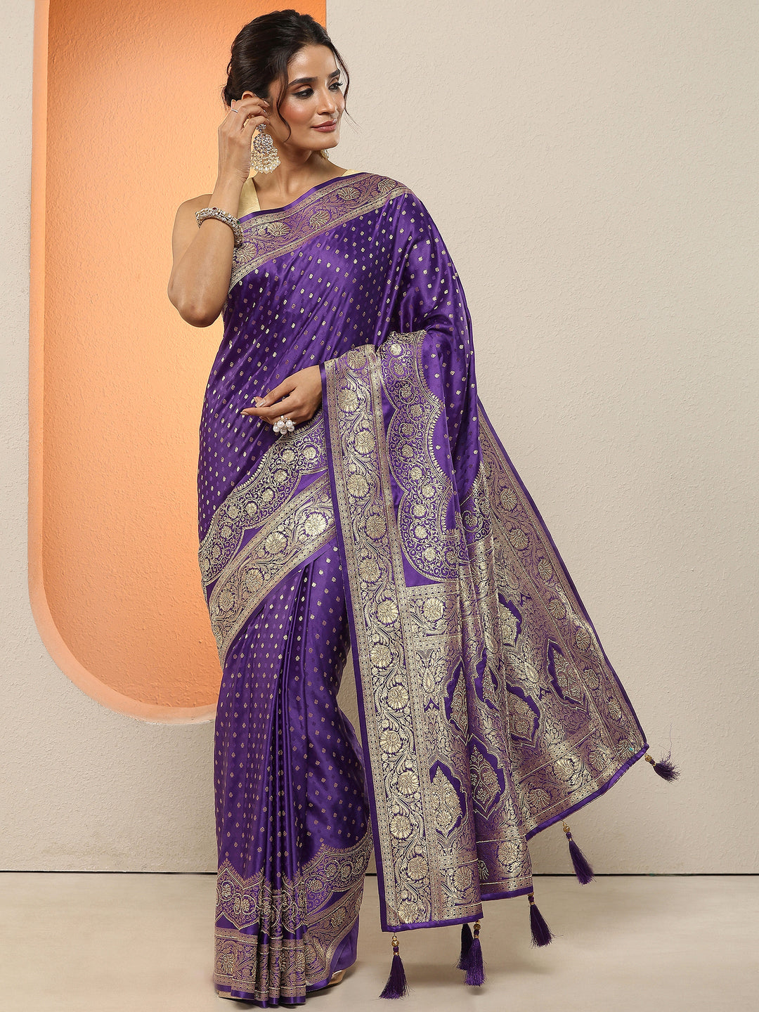  Purple Woven Design Silk Blend Sarees With Unstitched Blouse Piece 
