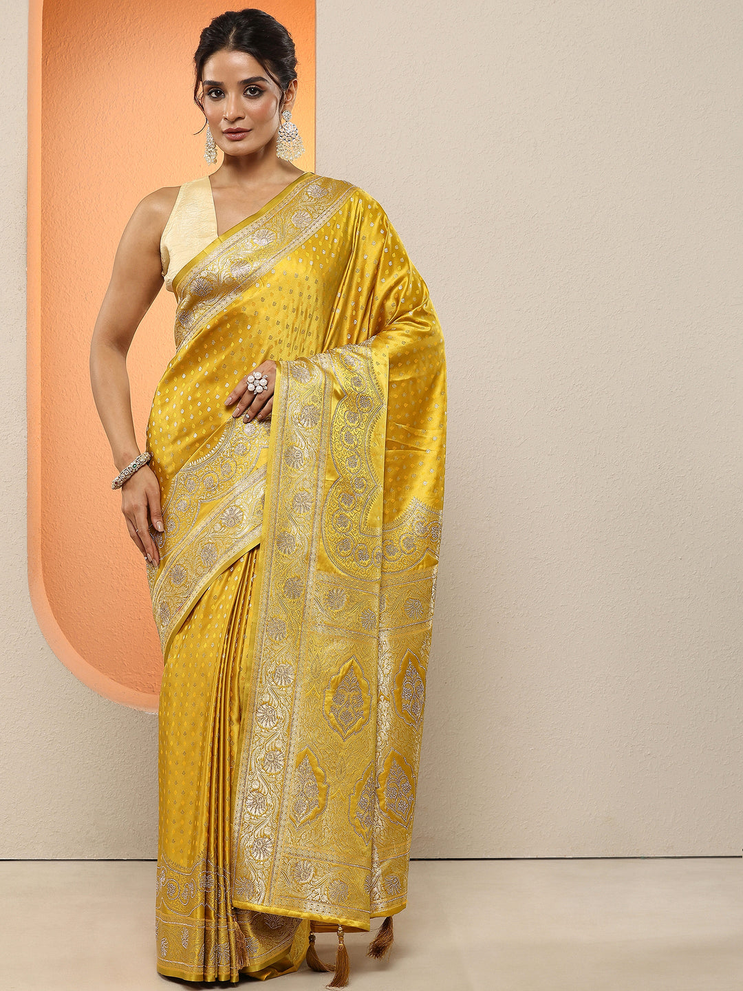  Mustard Woven Design Silk Blend Sarees With Unstitched Blouse Piece 