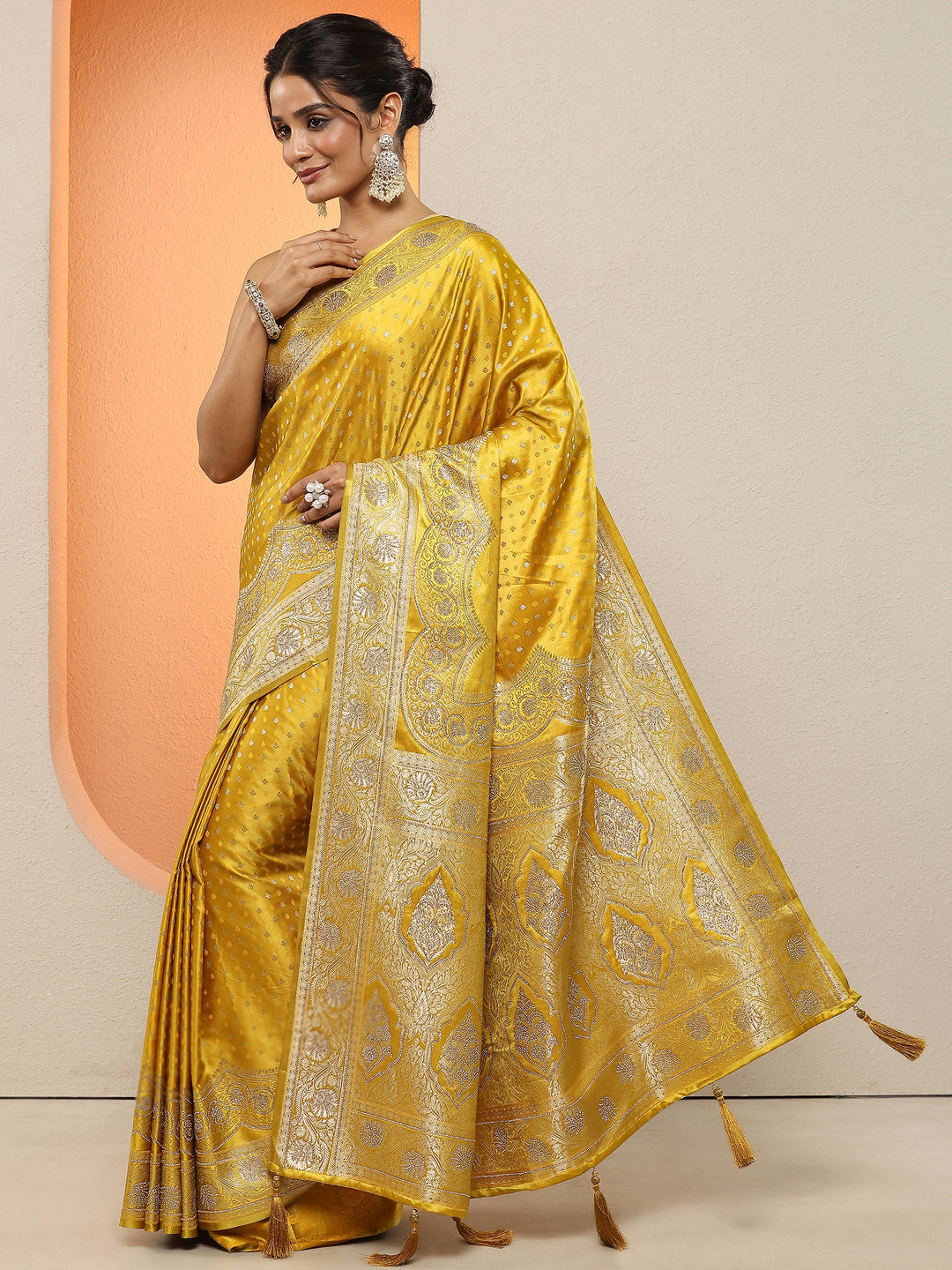  Mustard Woven Design Silk Blend Sarees With Unstitched Blouse Piece 