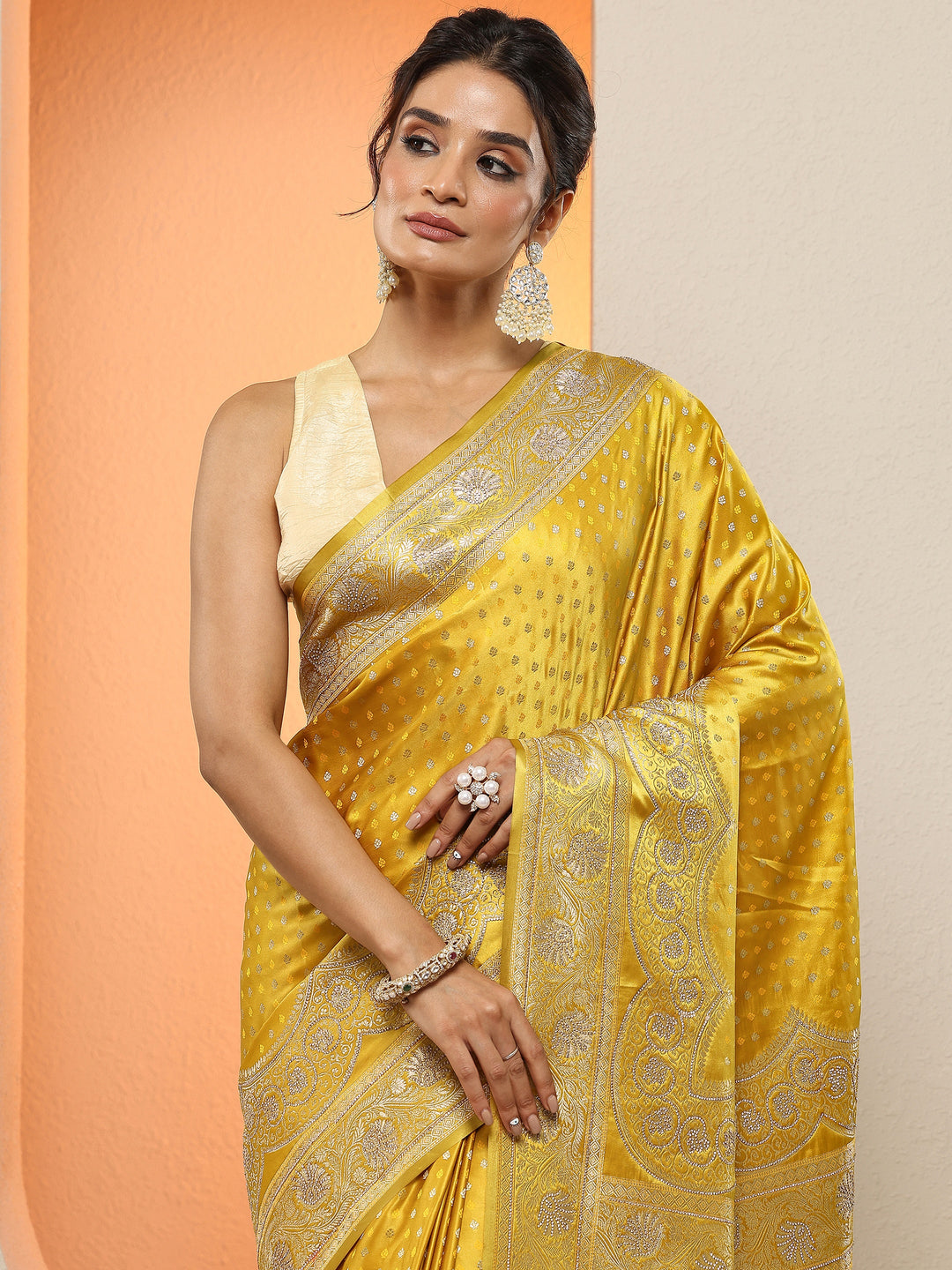  Mustard Woven Design Silk Blend Sarees With Unstitched Blouse Piece 