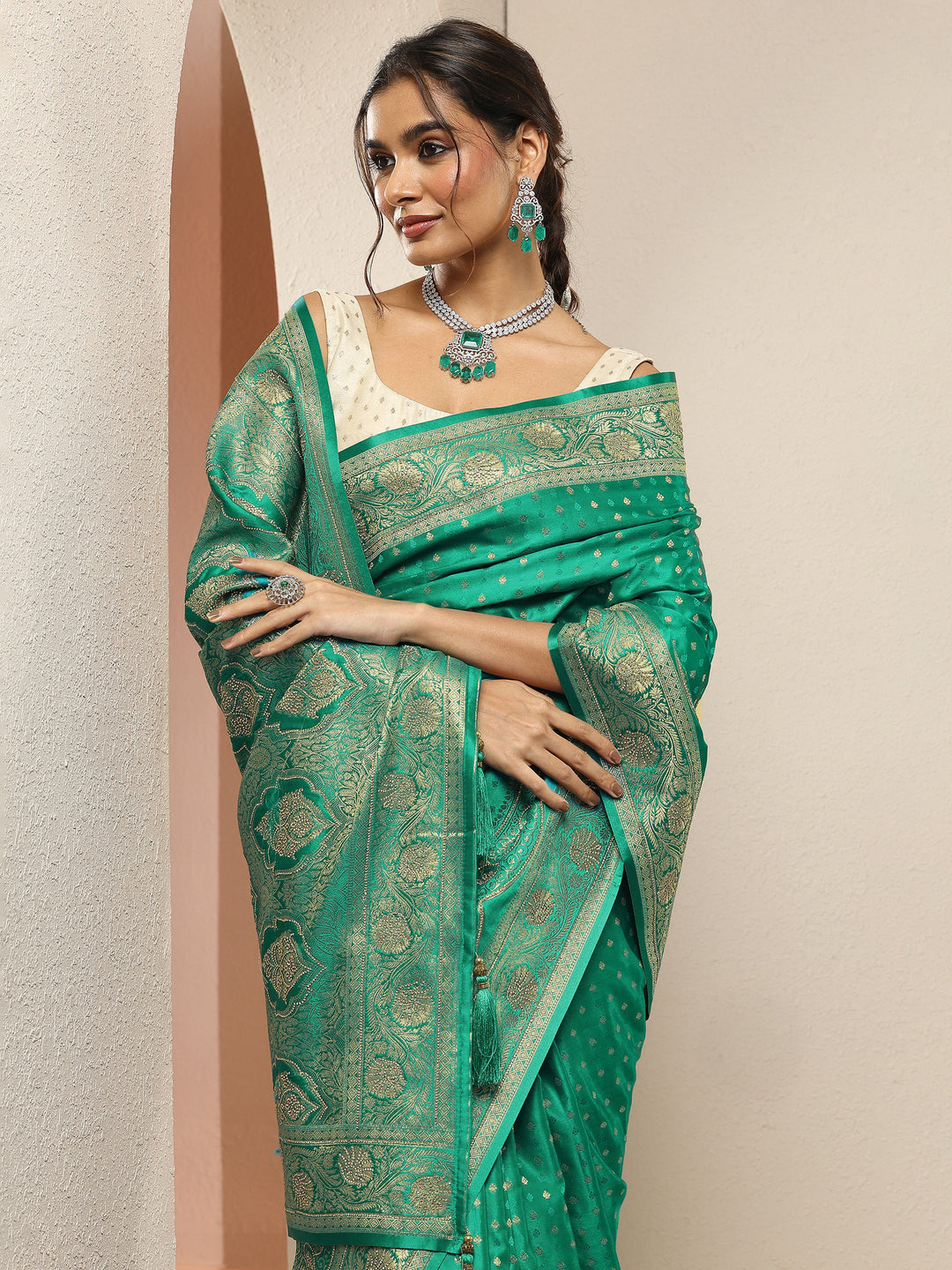  Green Woven Design Silk Blend Sarees With Unstitched Blouse Piece 