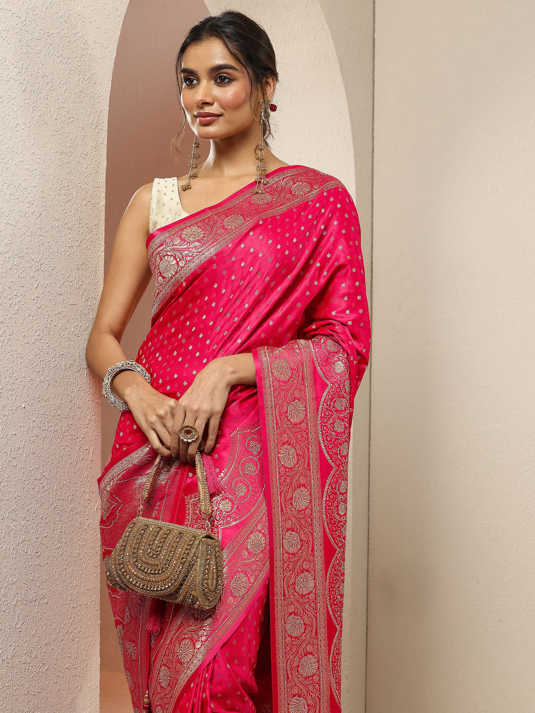  Pink Woven Design Silk Blend Sarees With Unstitched Blouse Piece 