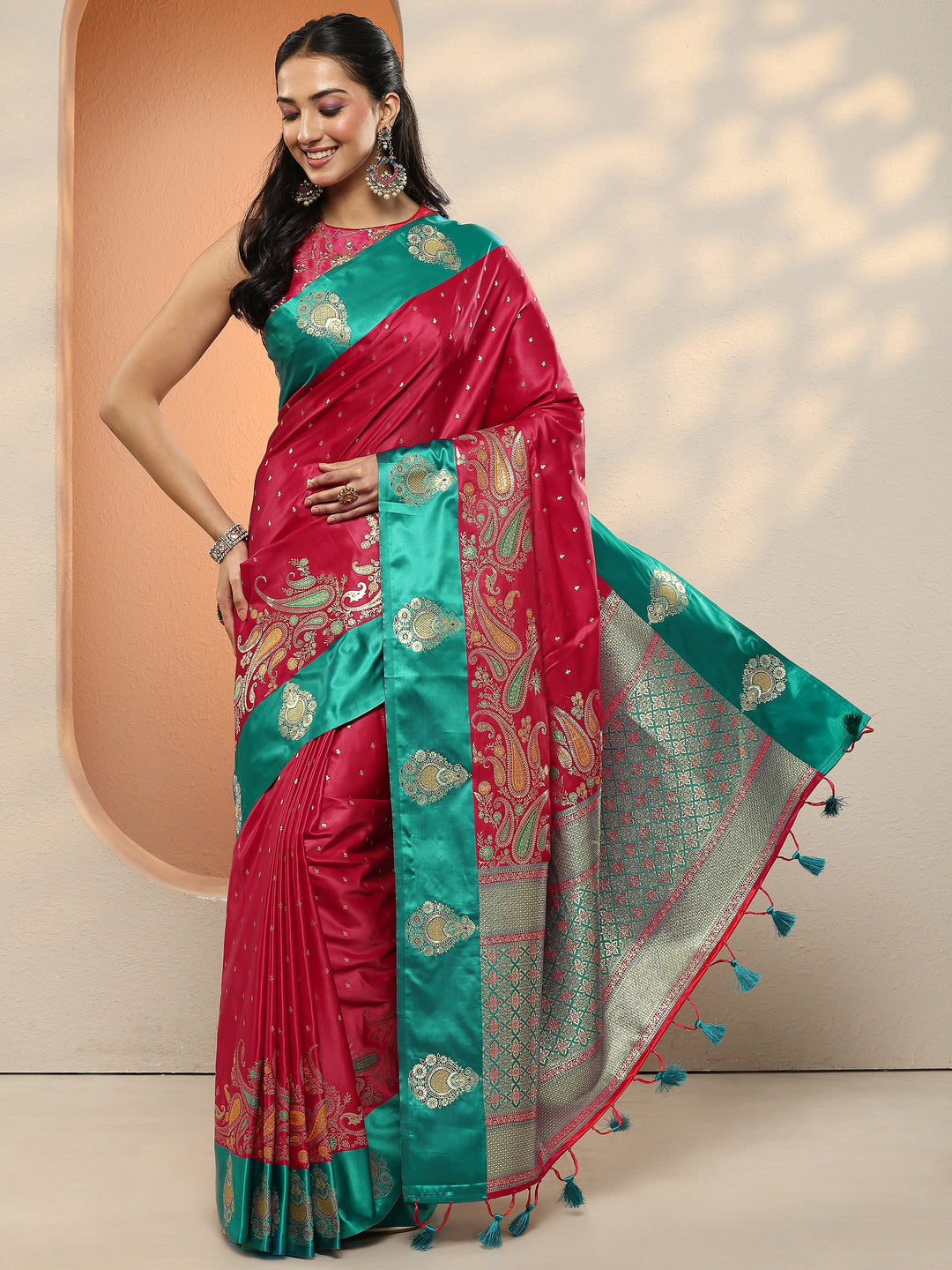 Pink Woven Design Silk Blend Sarees With Unstitched Blouse Piece 