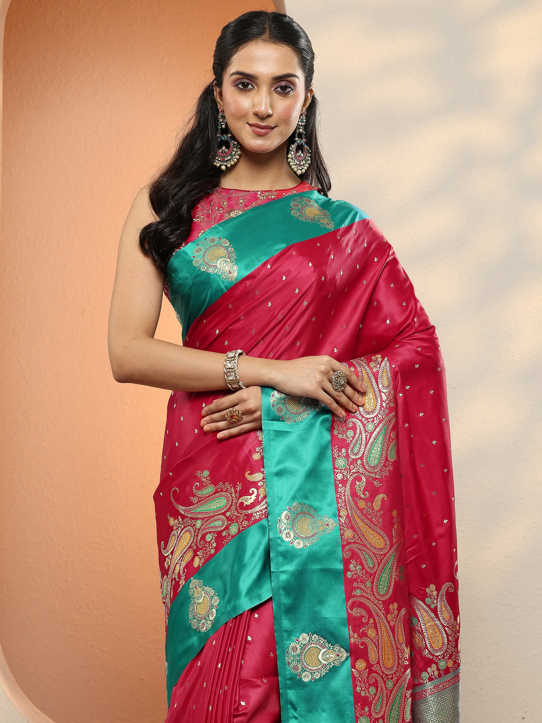 Pink Woven Design Silk Blend Sarees With Unstitched Blouse Piece 