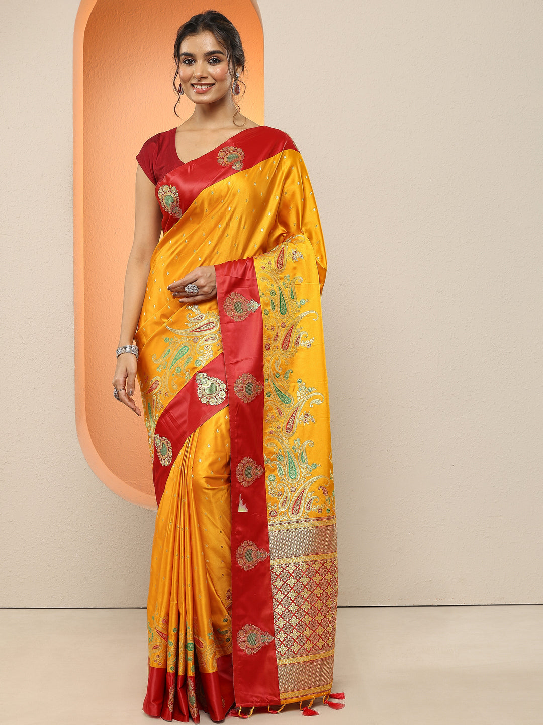 Mustard Woven Design Silk Blend Sarees With Unstitched Blouse Piece 