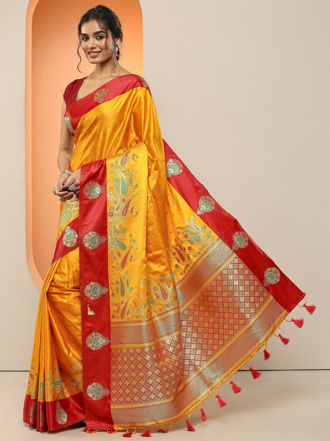  Mustard Woven Design Silk Blend Sarees With Unstitched Blouse Piece 