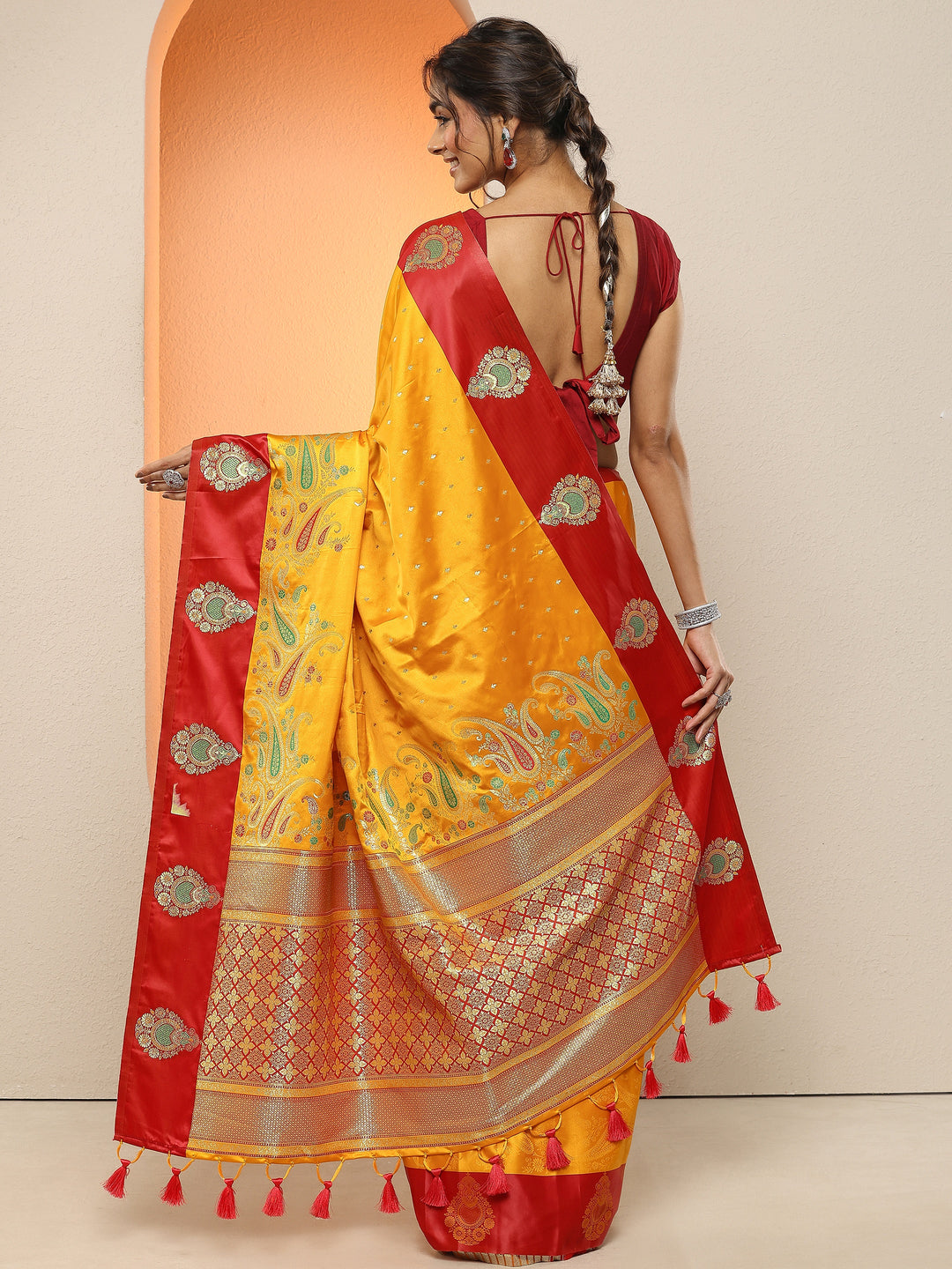  Mustard Woven Design Silk Blend Sarees With Unstitched Blouse Piece 