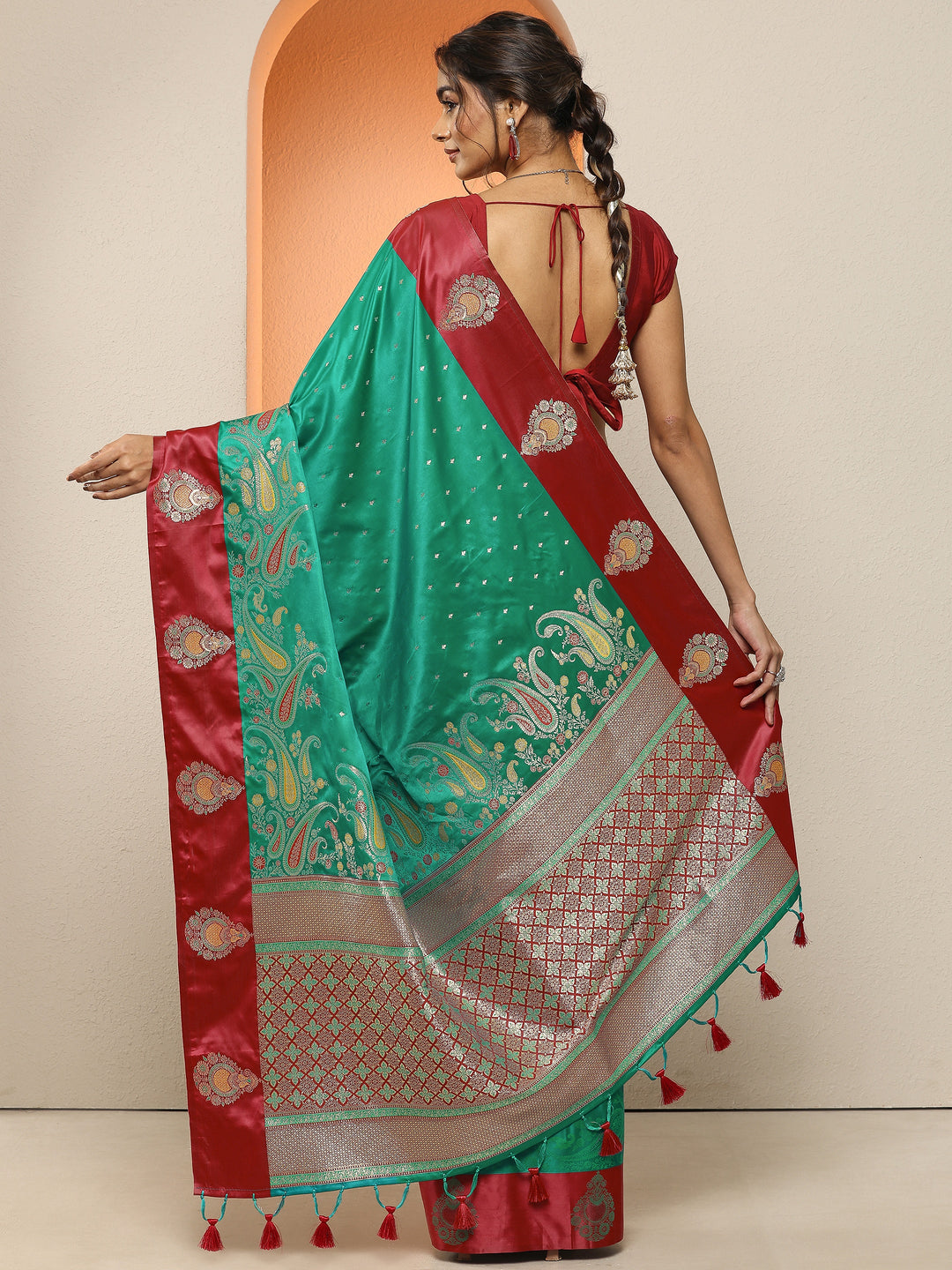  Green Woven Design Silk Blend Sarees With Unstitched Blouse Piece 