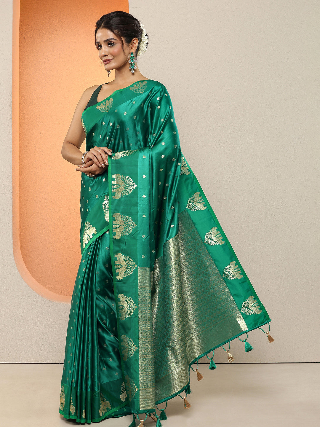  Green Woven Design Silk Blend Sarees With Unstitched Blouse Piece 